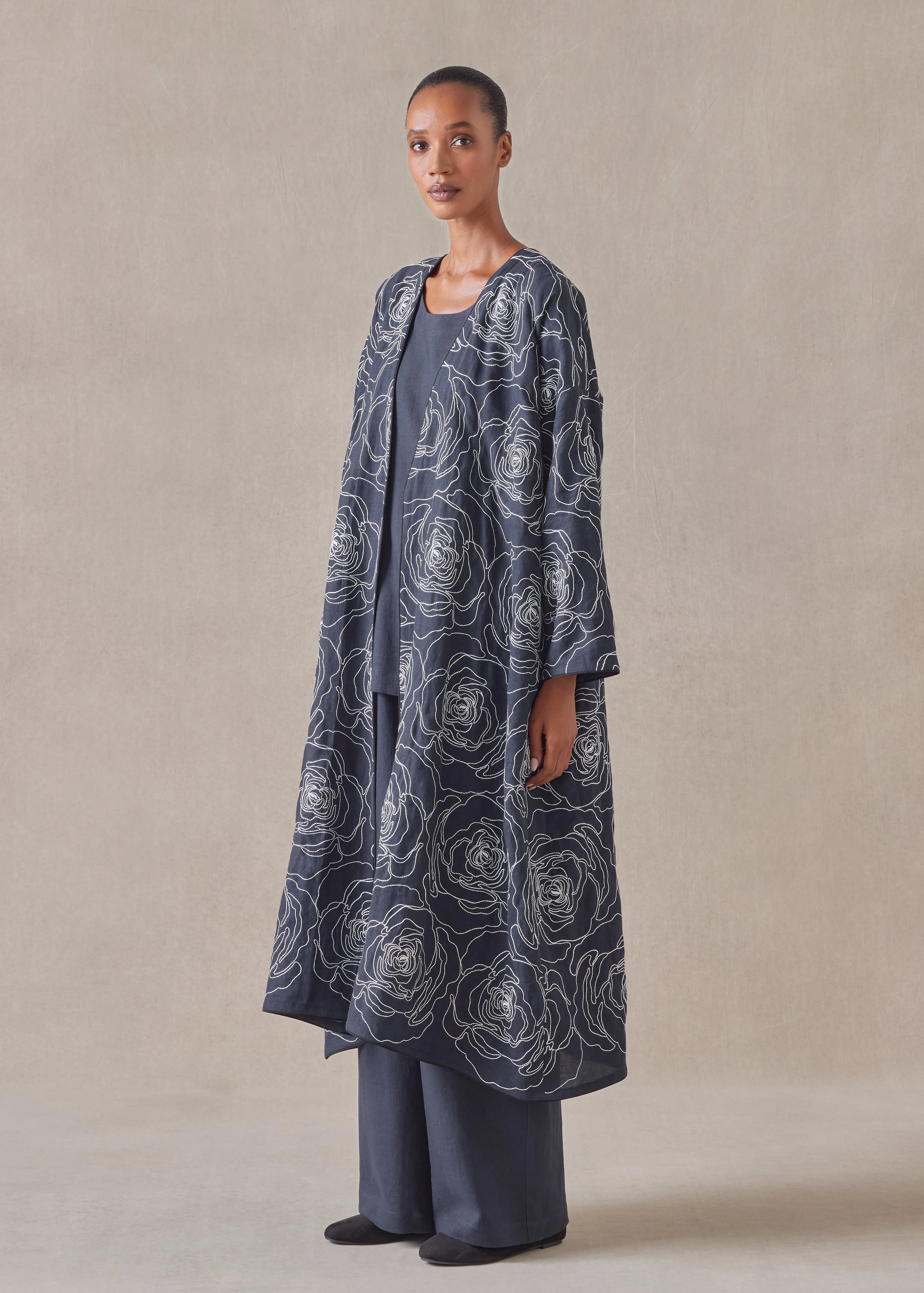 embroidered linen wide a-line v-neck open coat sold by eskandar product image thumbnail 2