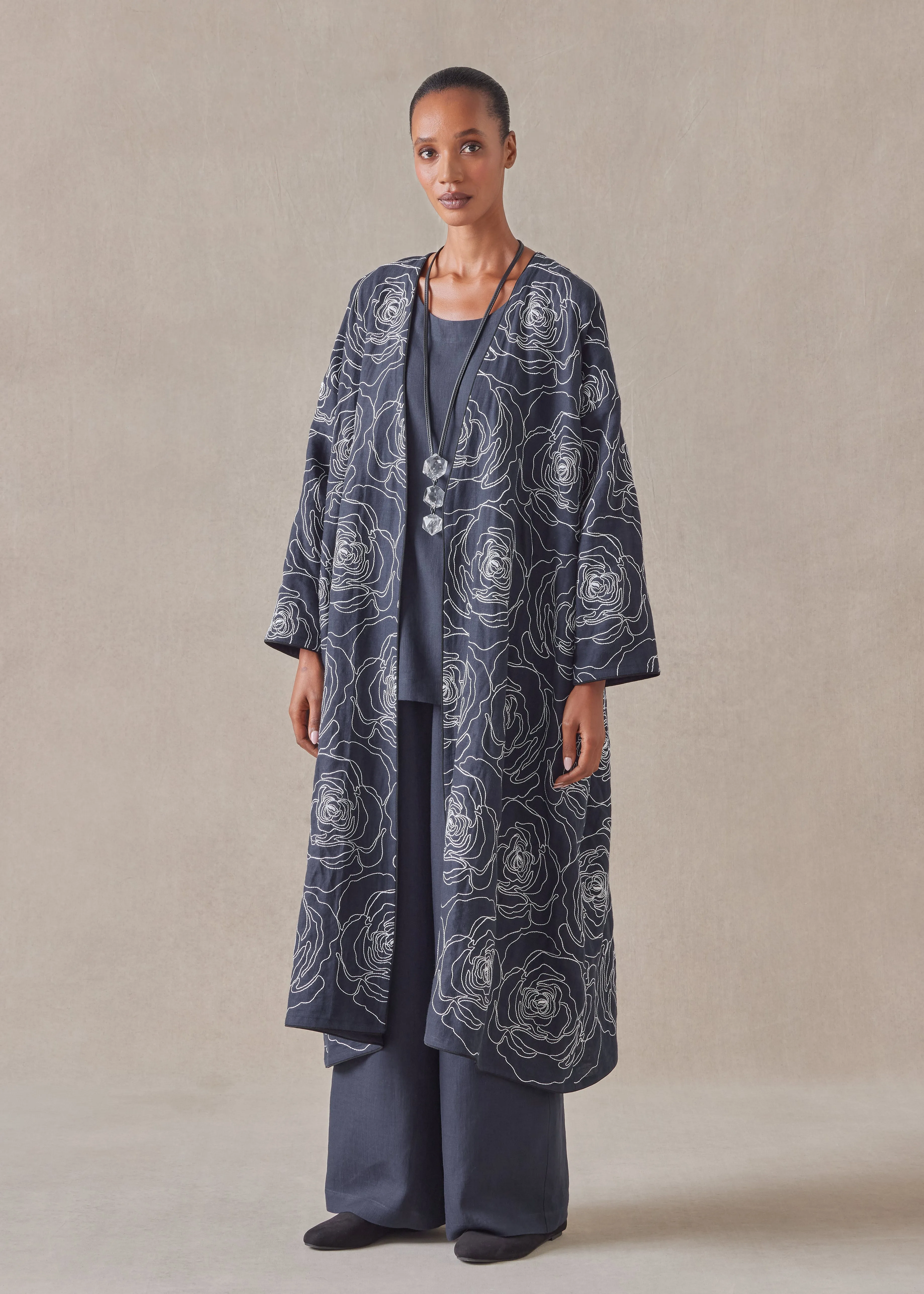 embroidered linen wide a-line v-neck open coat sold by eskandar