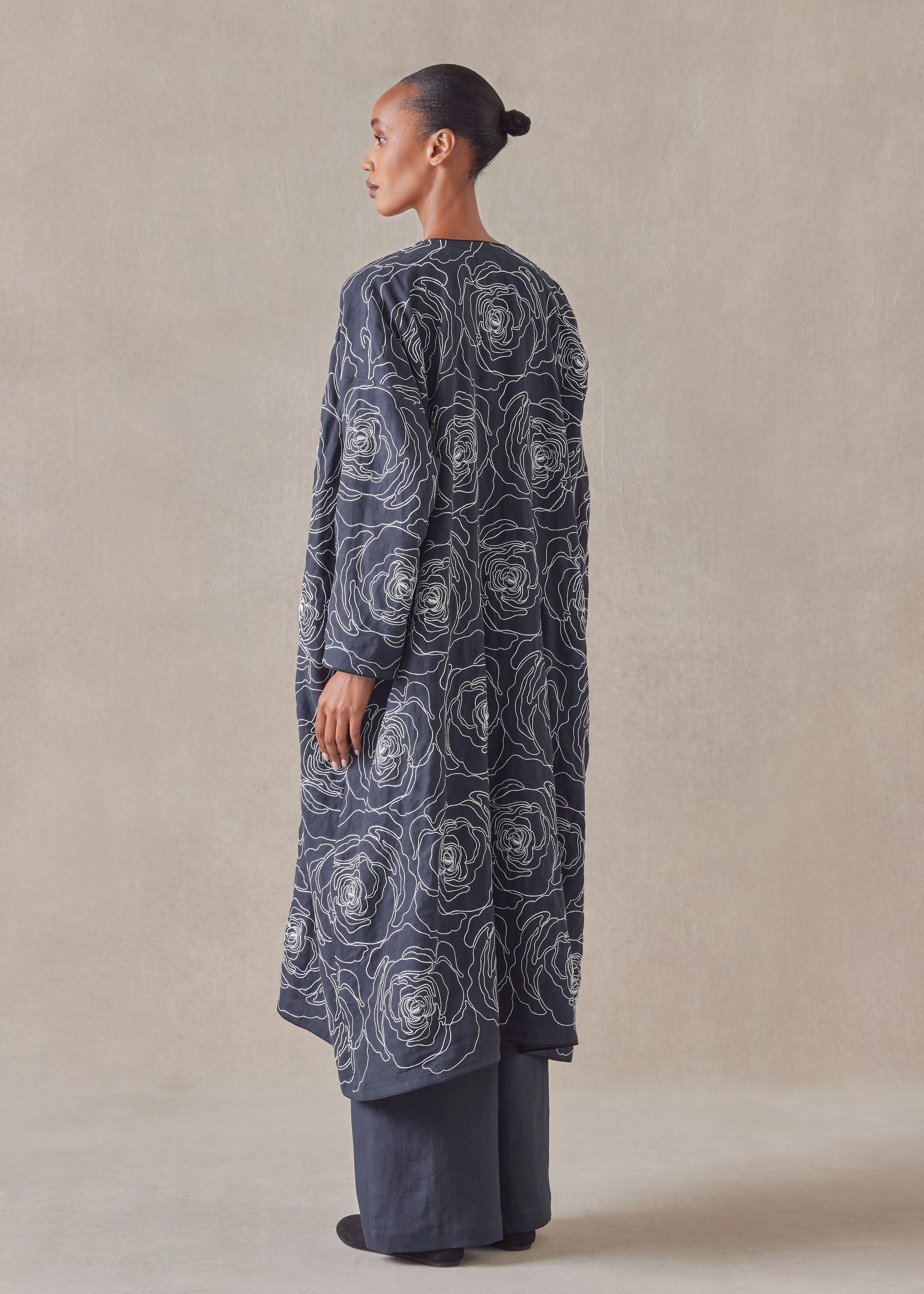 embroidered linen wide a-line v-neck open coat sold by eskandar product image thumbnail 4