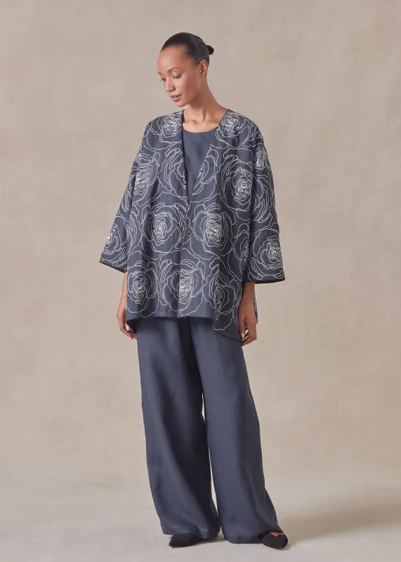 embroidered linen wide a-line v-neck jacket - long sold by eskandar