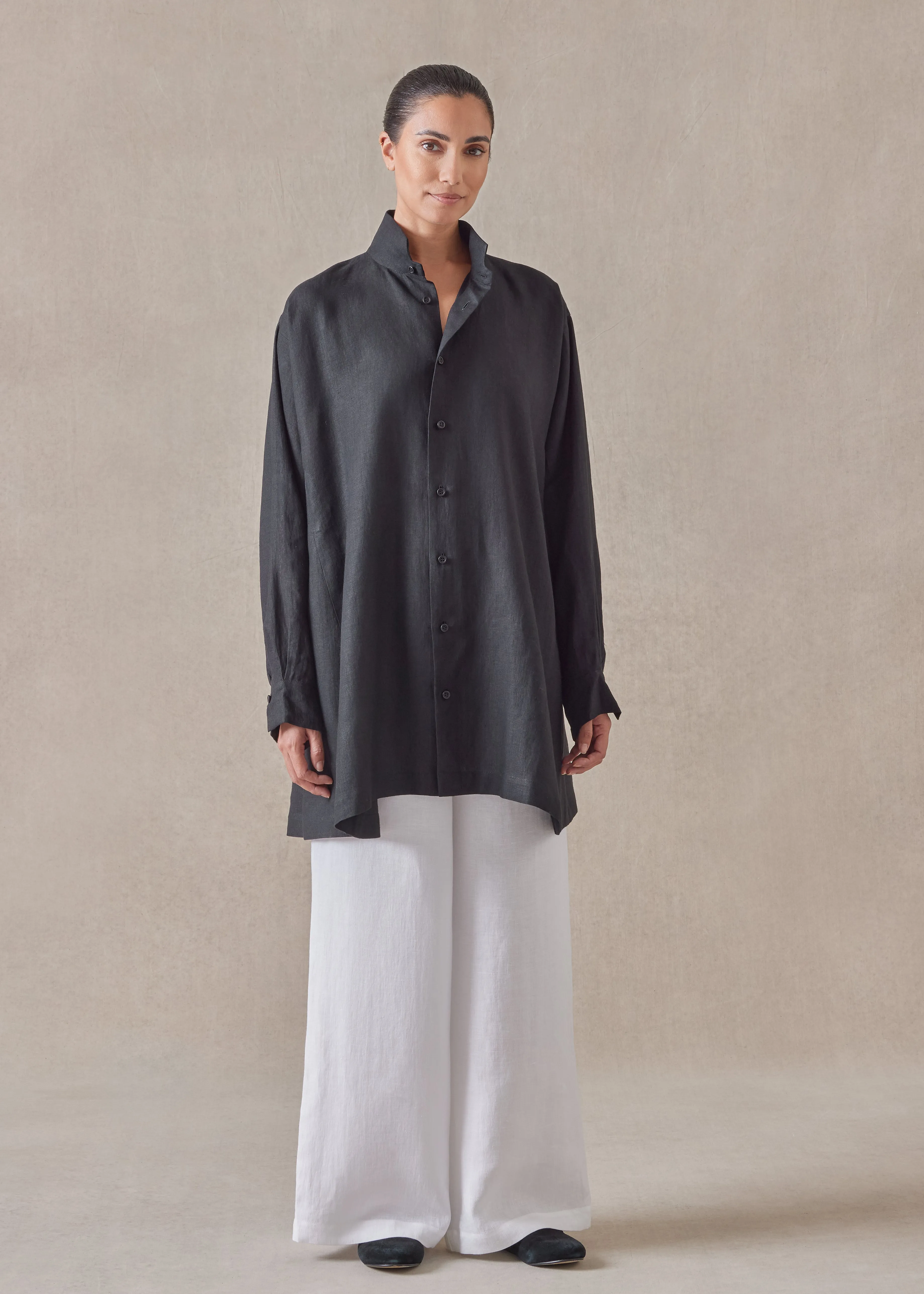 linen caucasus shirt with notch collar - long plus sold by eskandar