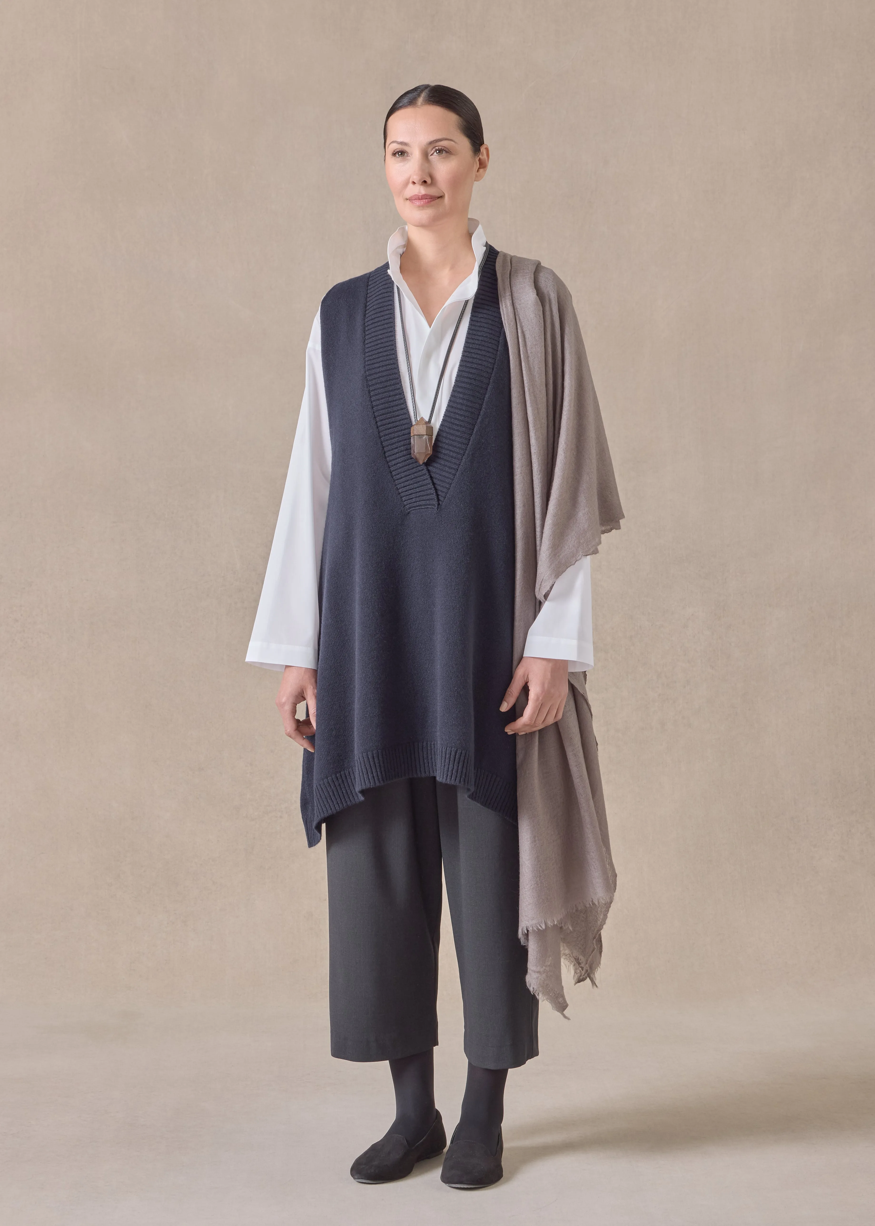 cashmere a-line sleeveless deep v-neck sweater - long plus dark sold by eskandar