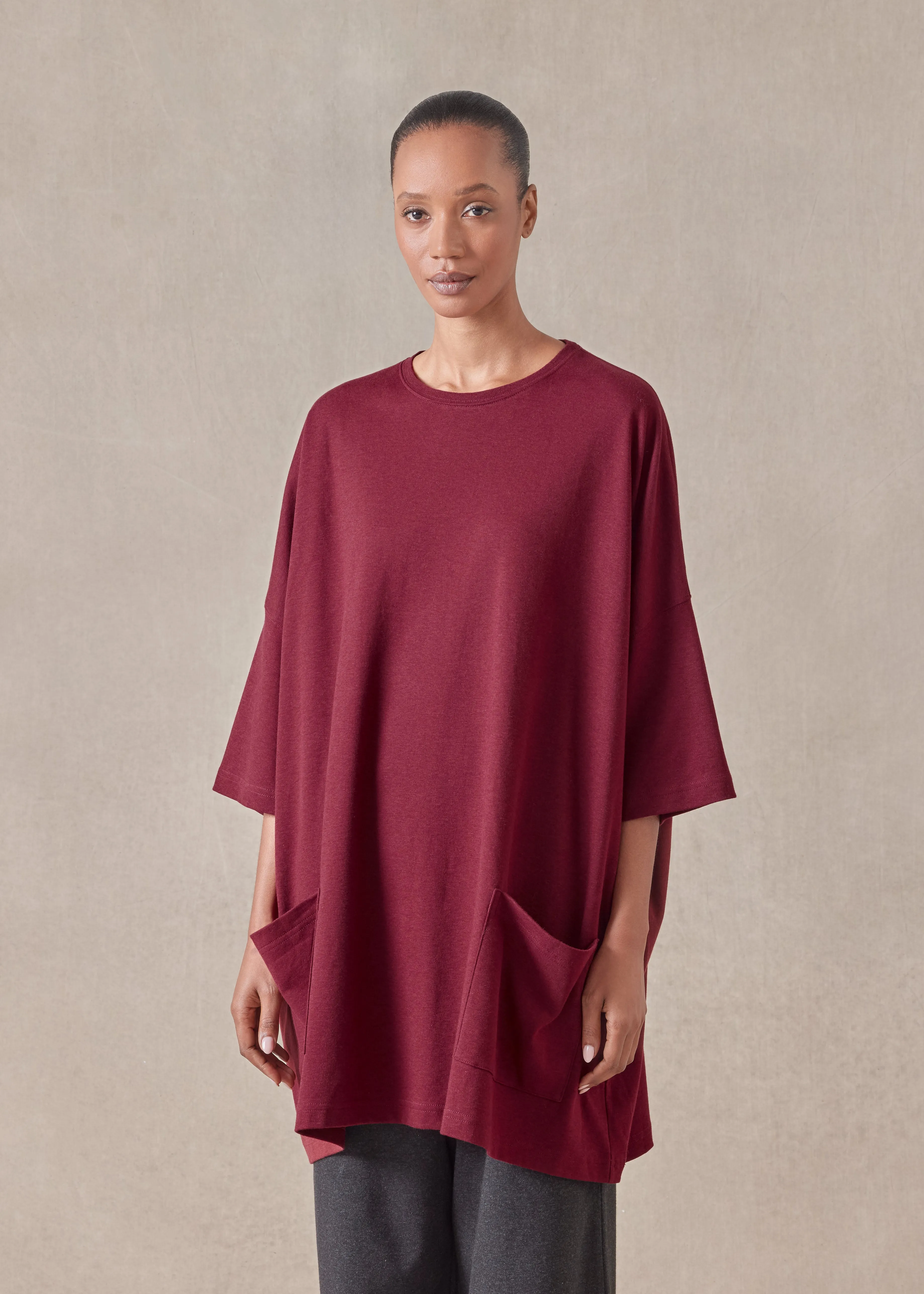 cotton jersey sloped shoulder round neck poncho - long plus sold by eskandar product image thumbnail 2