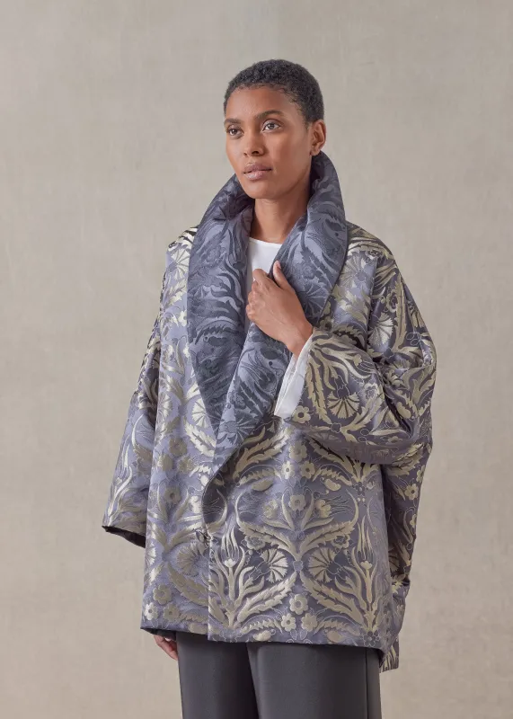 metallicised mix reversible sloped shoulder shawl collar jacket - long sold by eskandar