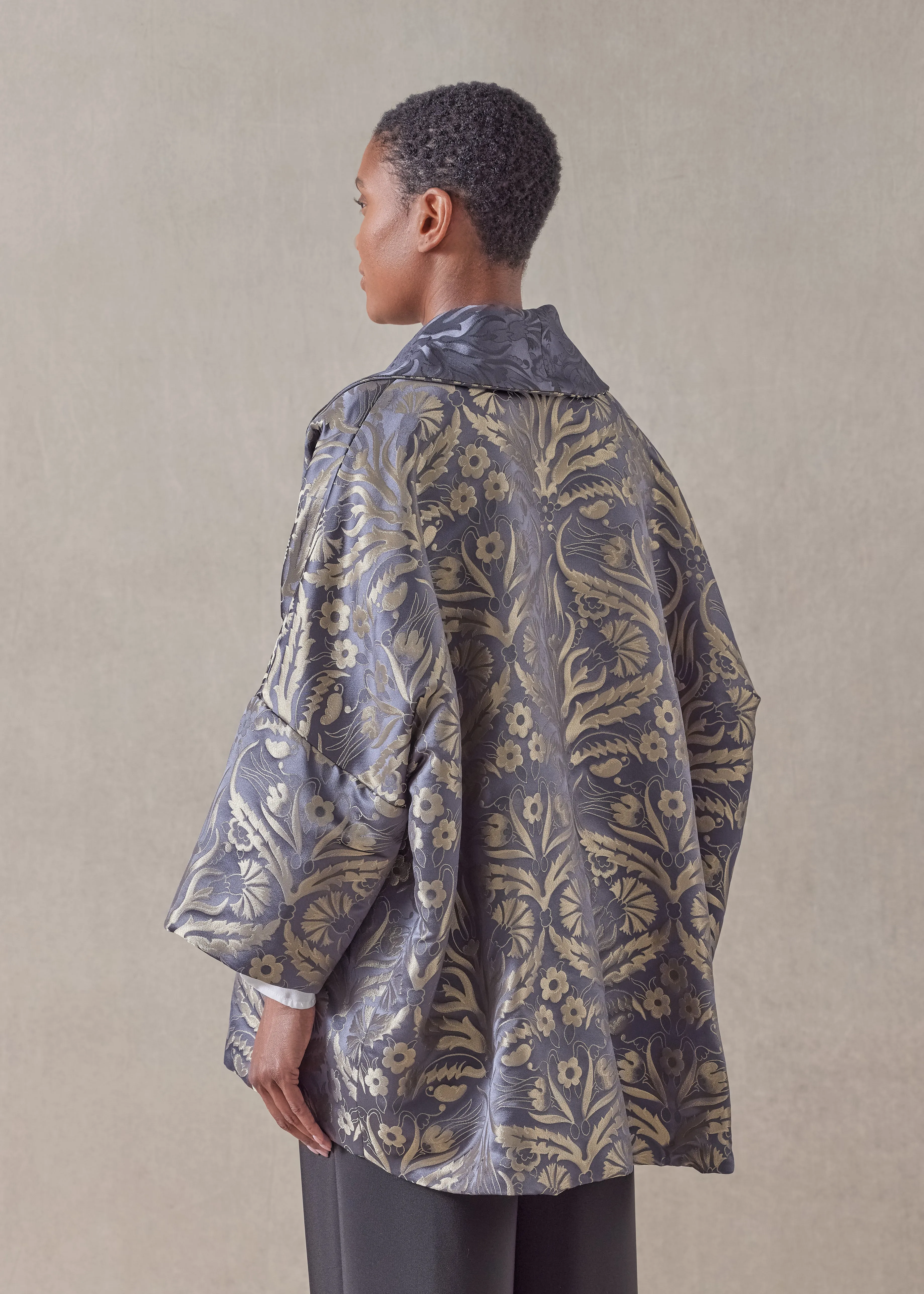 metallicised mix reversible sloped shoulder shawl collar jacket - long sold by eskandar product image thumbnail 3