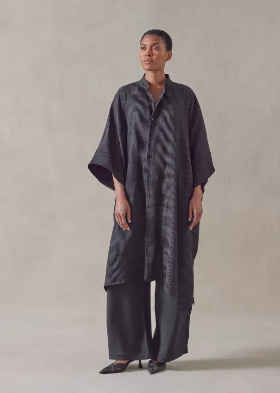 silk jacquard collarless short sleeve kaftan shirt- very long sold by eskandar