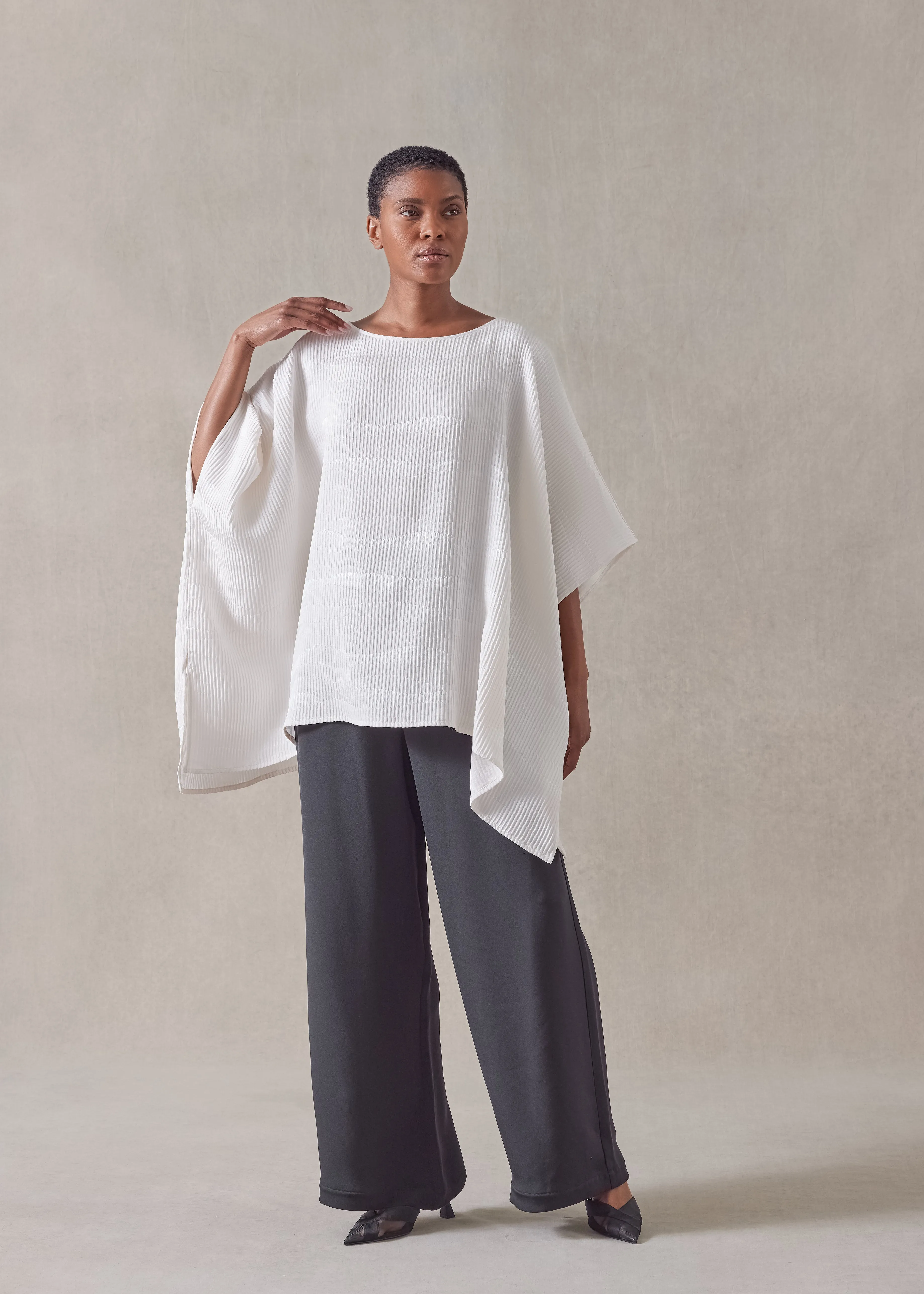 silk longer back scoop neck kaftan shirt - mid plus (ivory) sold by eskandar product image thumbnail 5