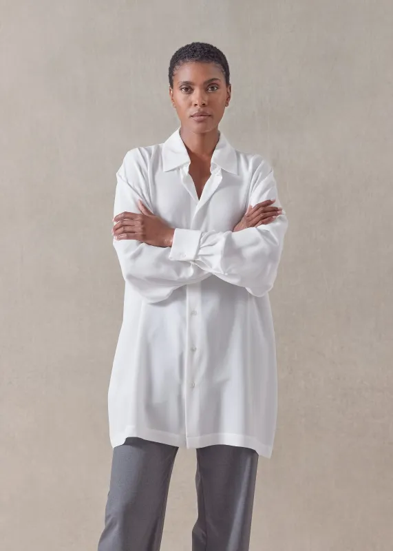 silk slim a-line back pleat shirt with collar - long plus sold by eskandar