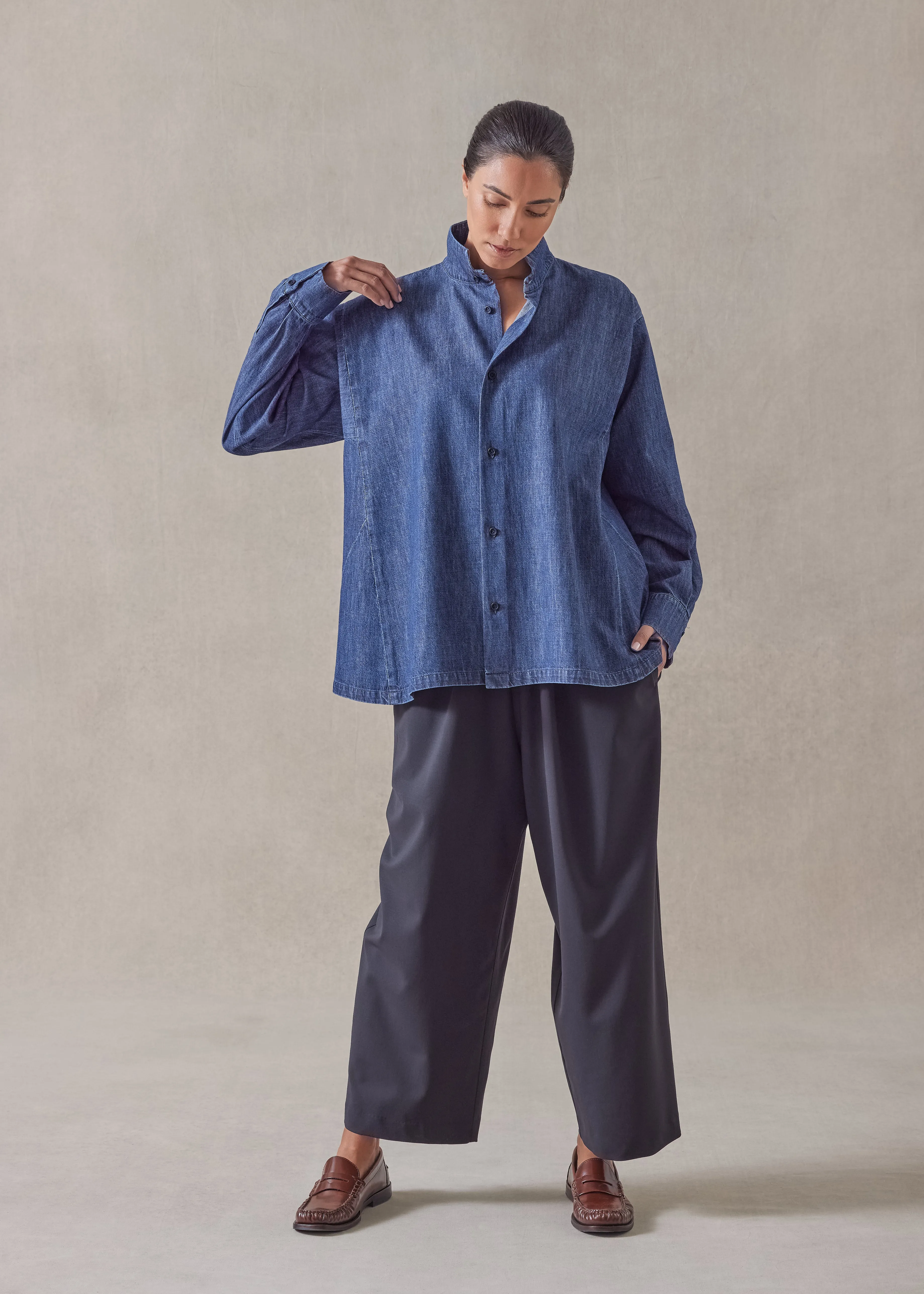 cotton denim caucasus shirt with notch collar - mid plus sold by eskandar product image thumbnail 4