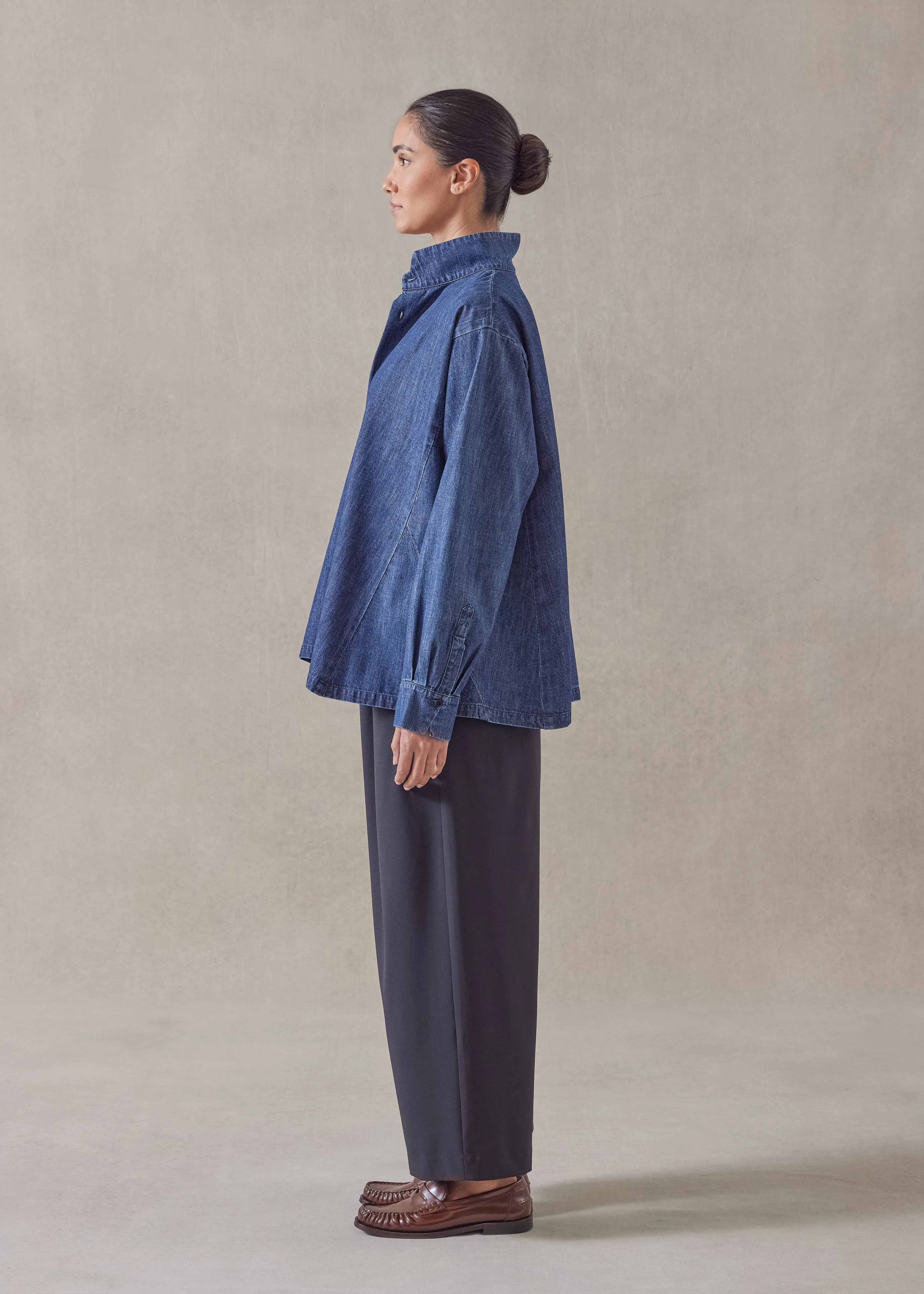 cotton denim caucasus shirt with notch collar - mid plus sold by eskandar product image thumbnail 2