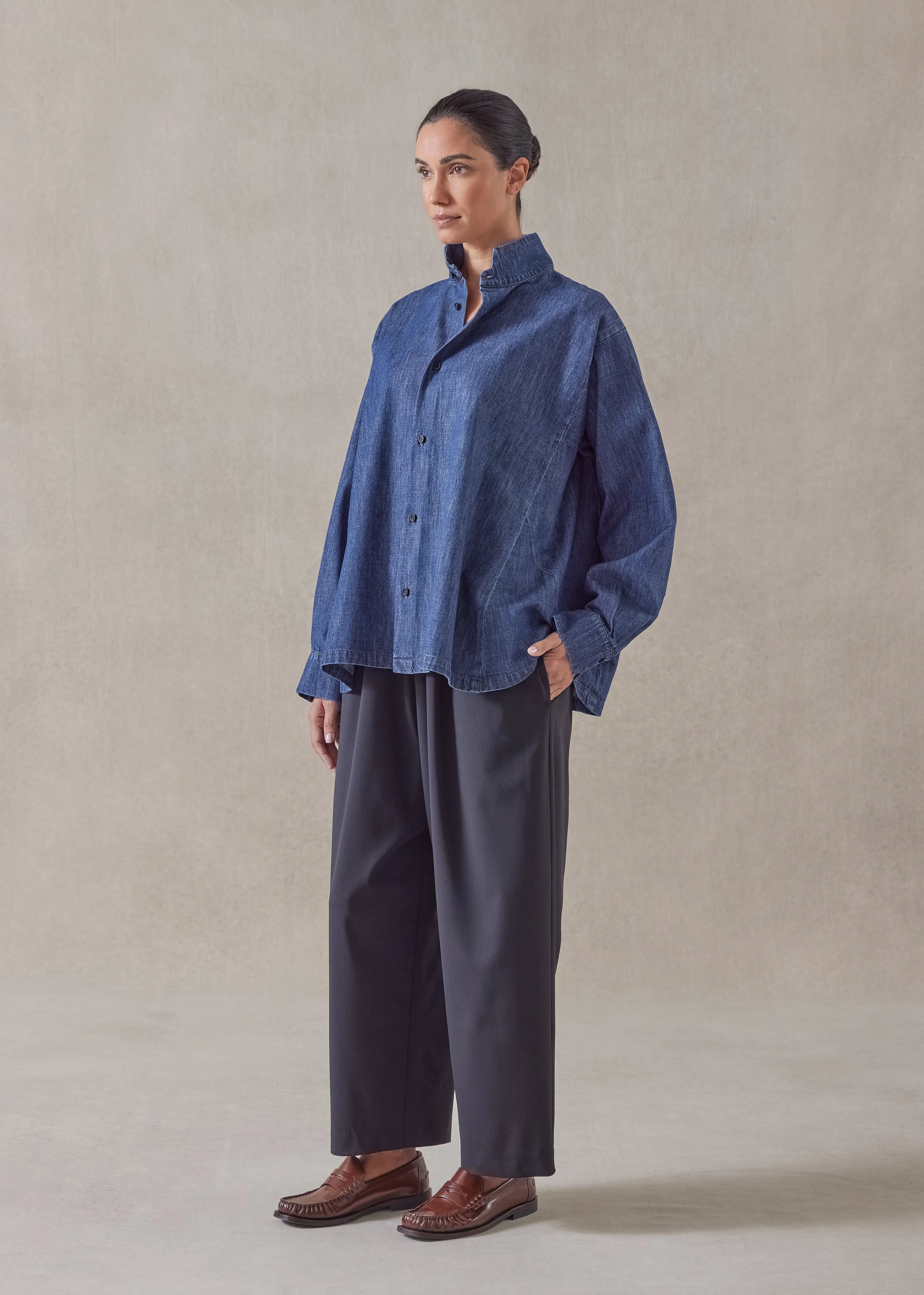 cotton denim caucasus shirt with notch collar - mid plus sold by eskandar