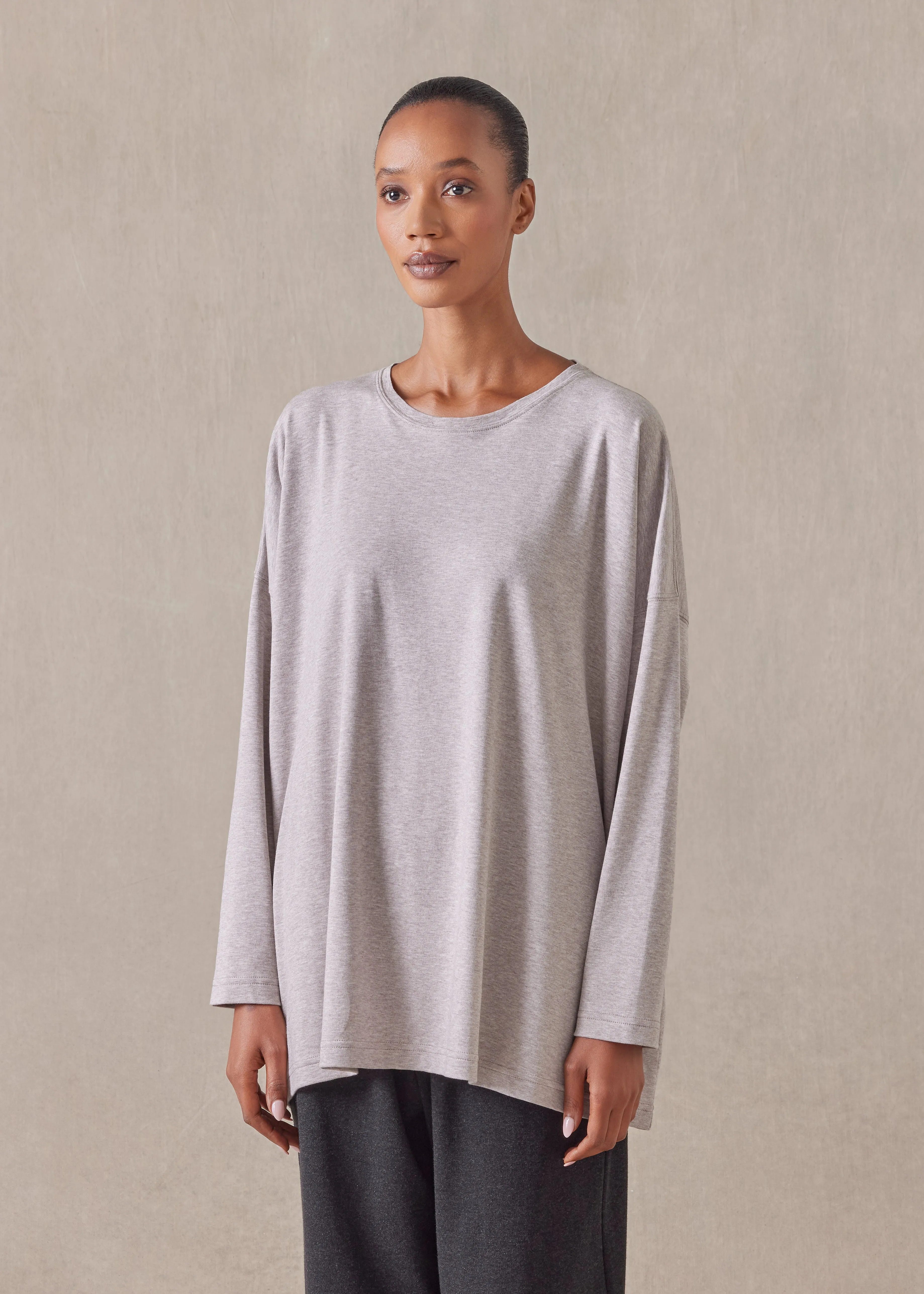 cotton jersey long sleeve round neck t-shirt - mid plus sold by eskandar product image thumbnail 2