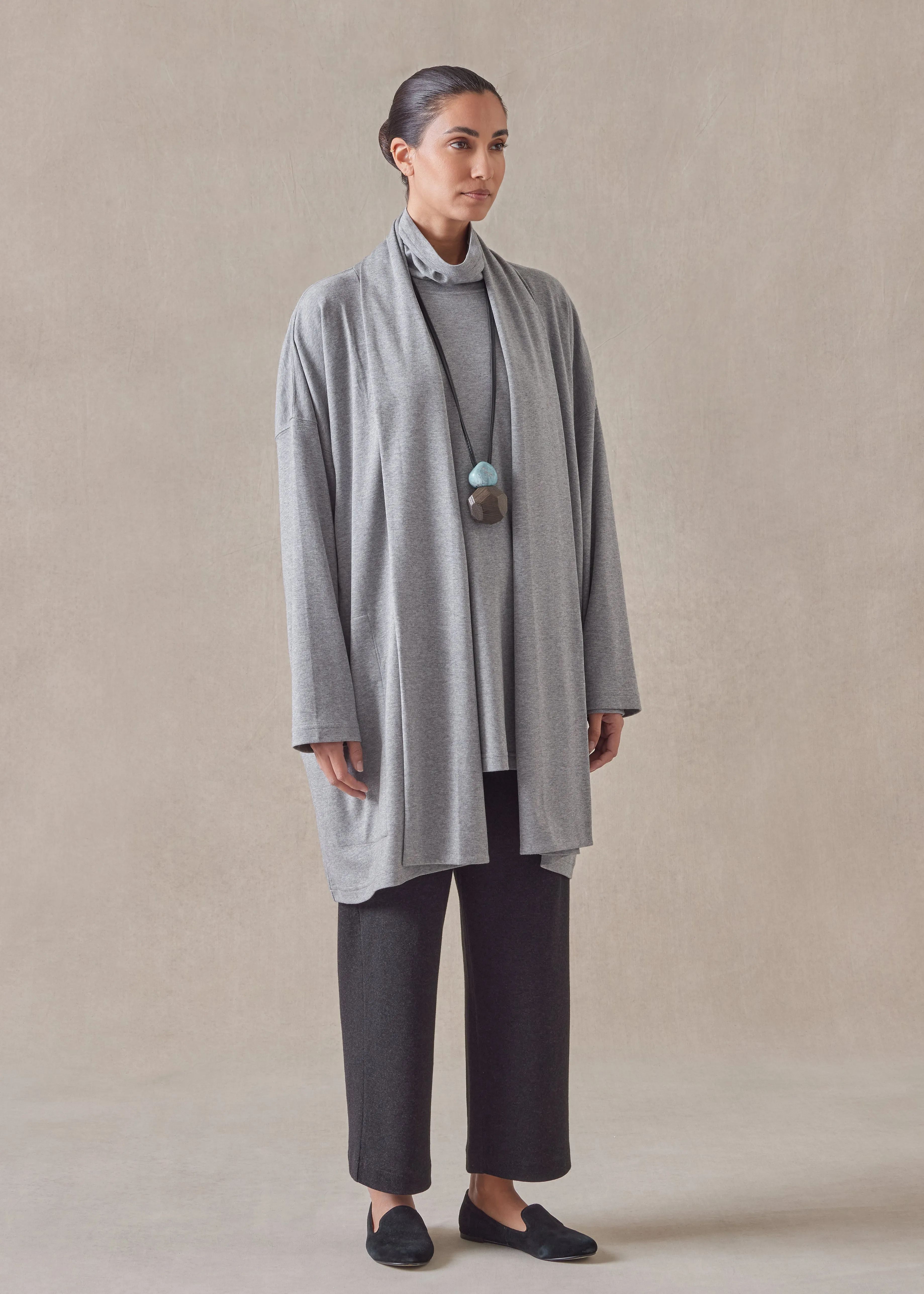 cotton jersey wide a-line shawl collar cardigan - long plus (silvergrey) sold by eskandar product image thumbnail 2