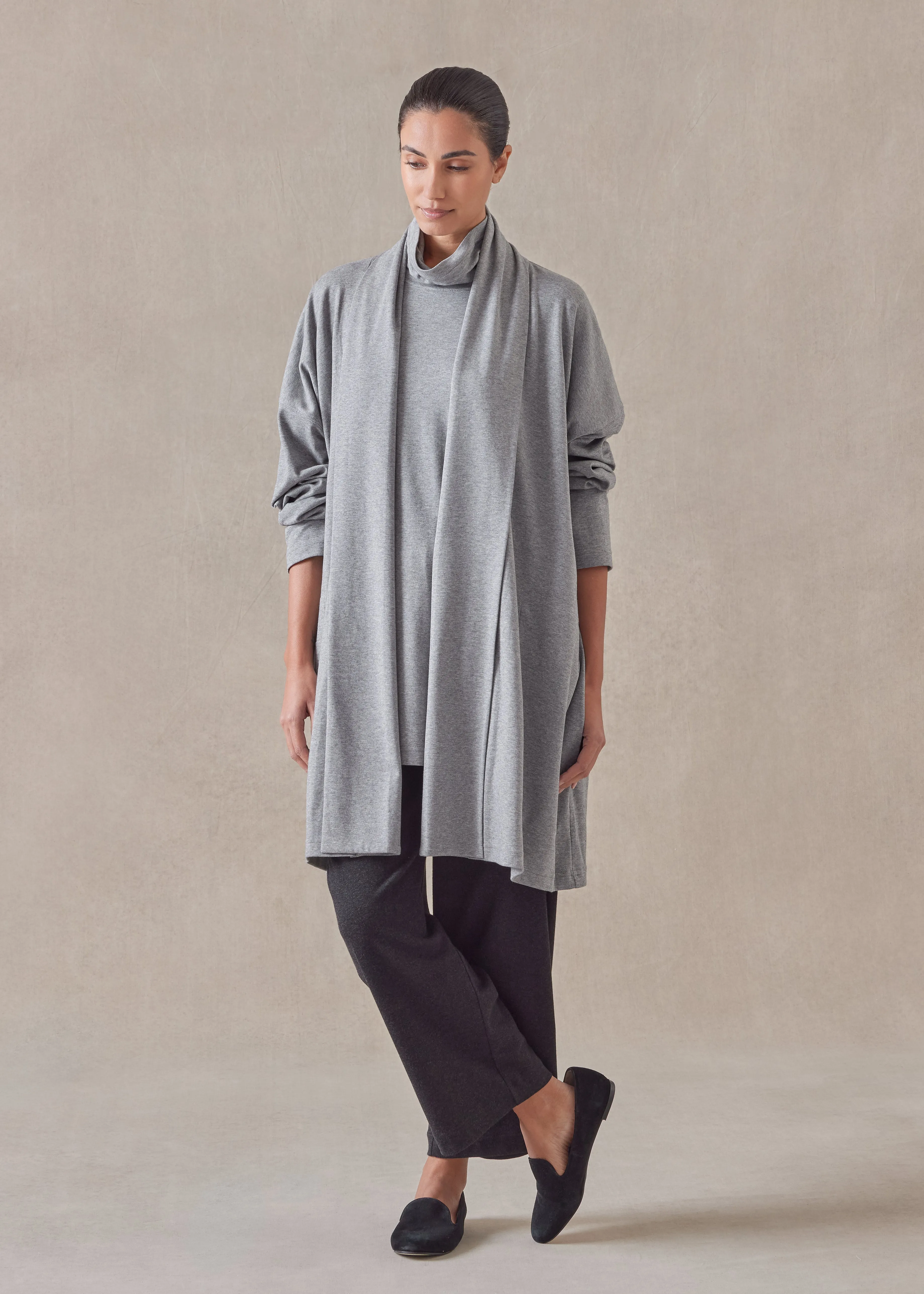 cotton jersey wide a-line shawl collar cardigan - long plus (silvergrey) sold by eskandar