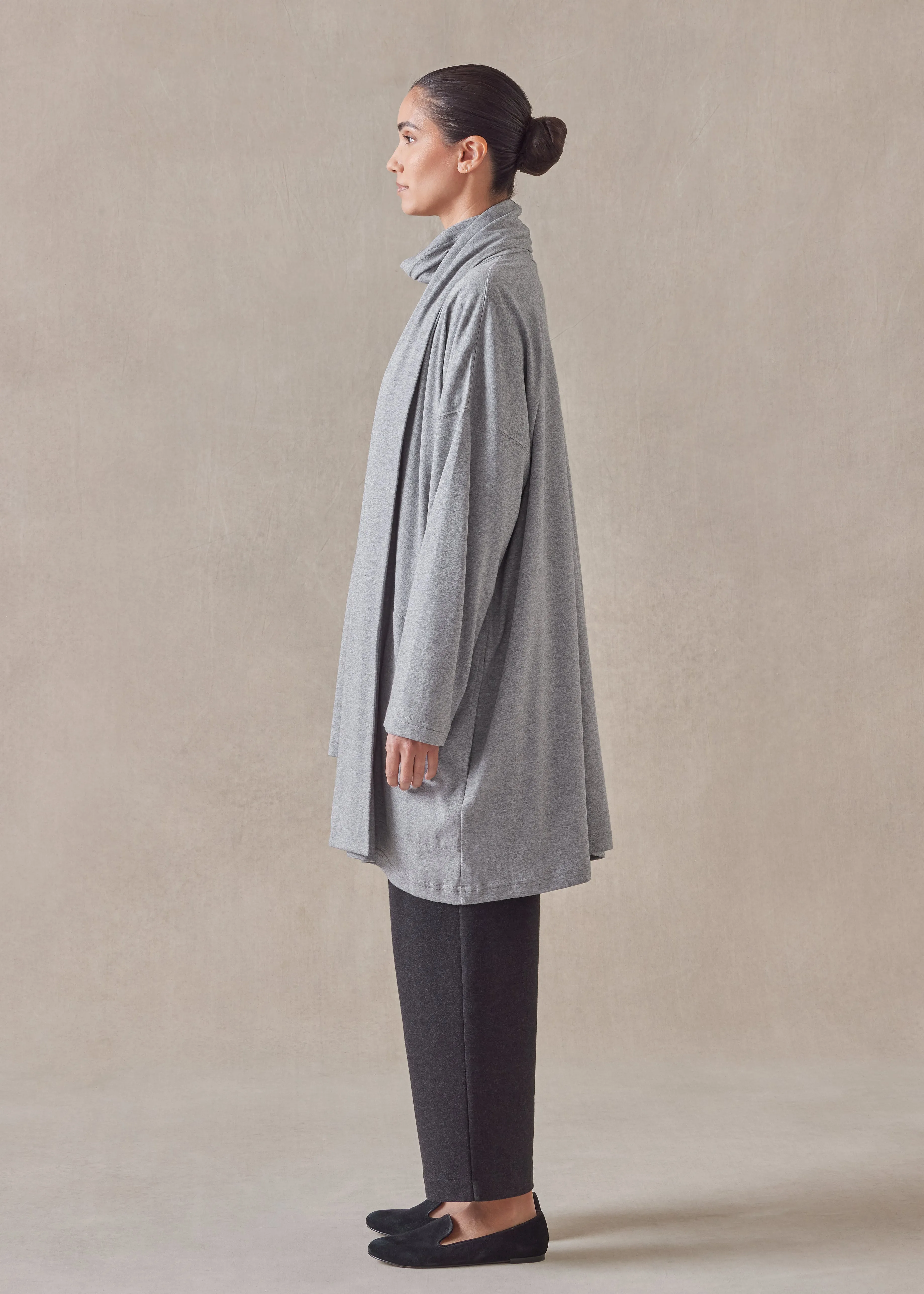 cotton jersey wide a-line shawl collar cardigan - long plus (silvergrey) sold by eskandar product image thumbnail 3