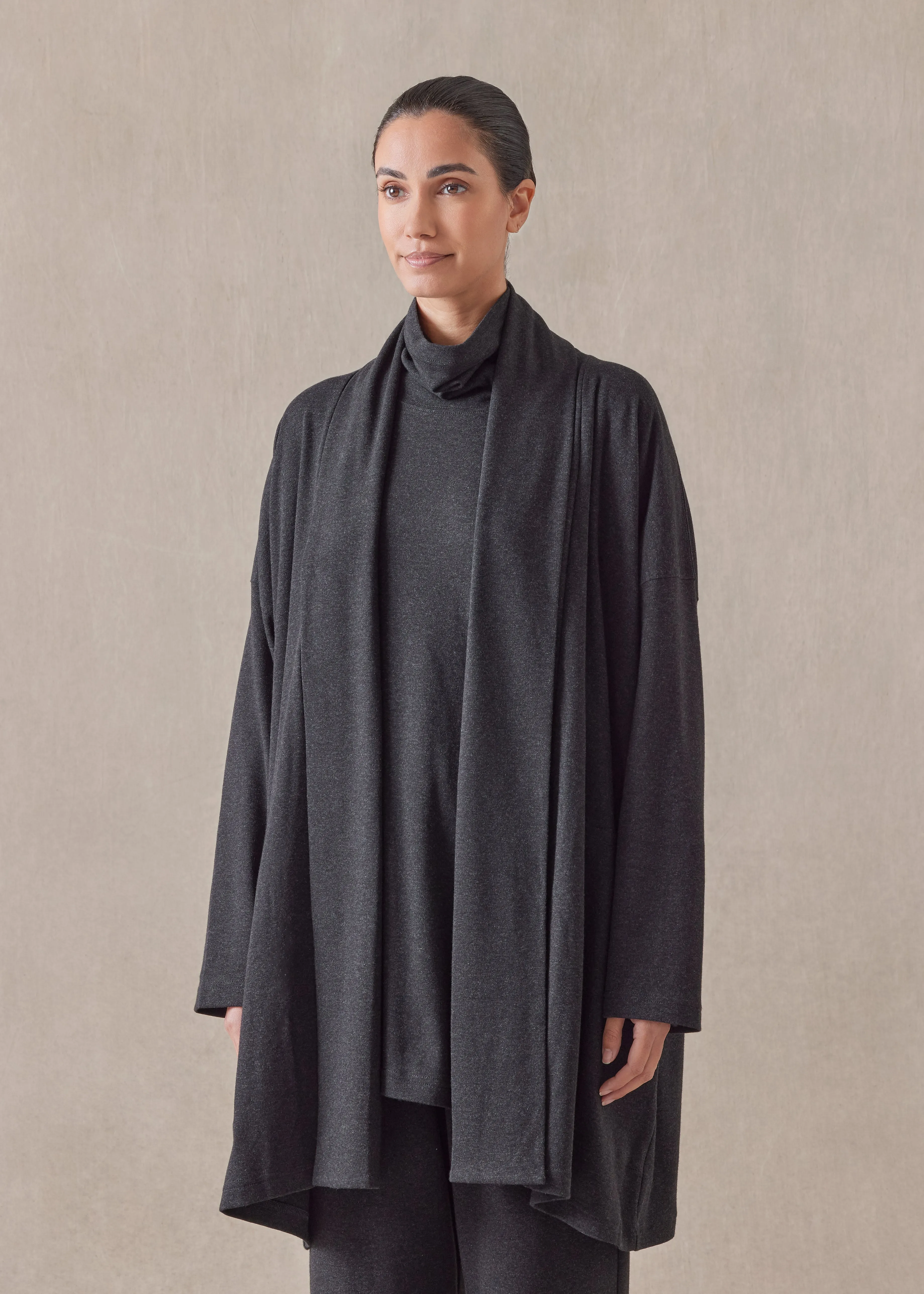 cotton jersey wide a-line shawl collar cardigan - long plus (coal) sold by eskandar product image thumbnail 2