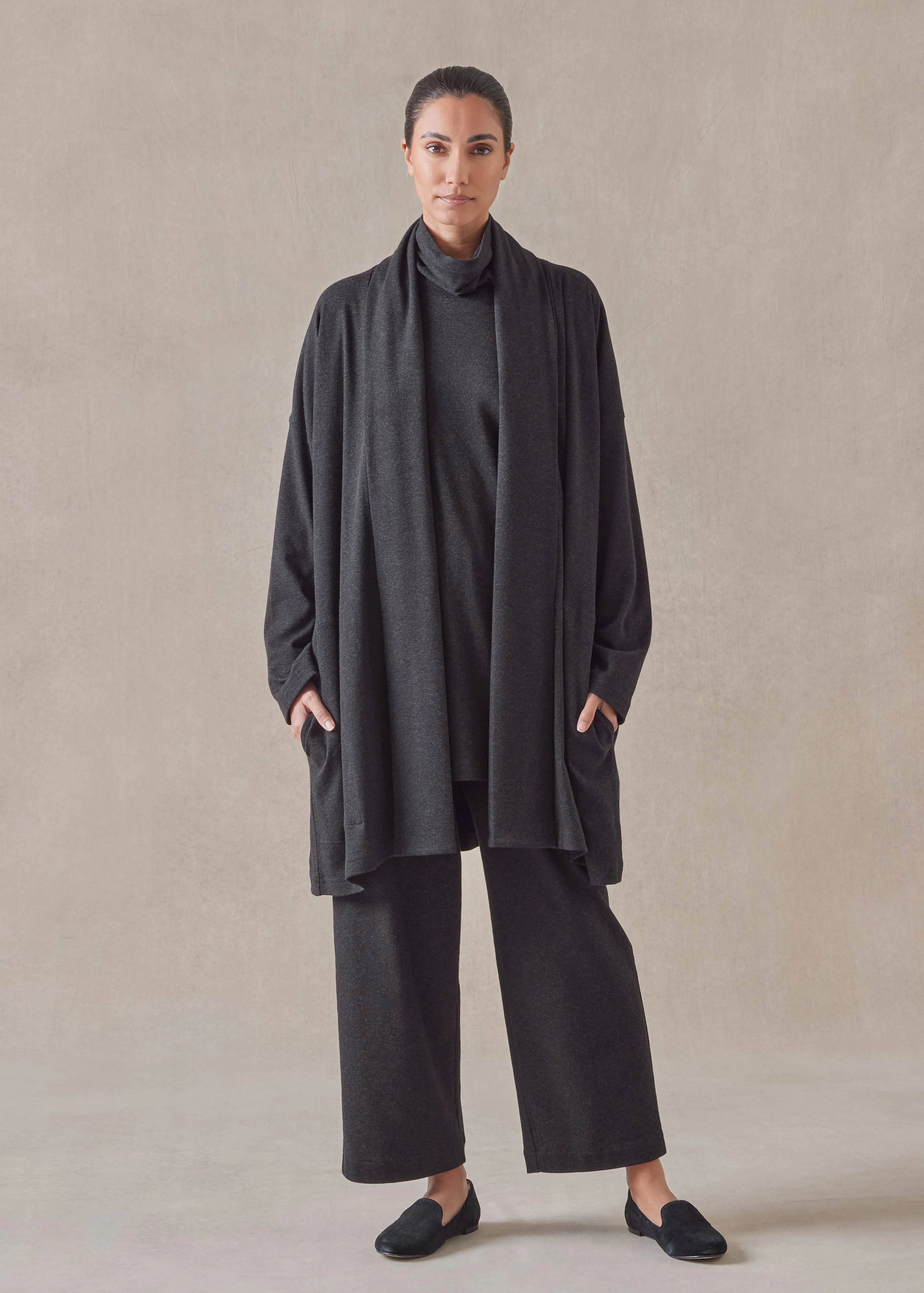 cotton jersey wide a-line shawl collar cardigan - long plus (coal) sold by eskandar