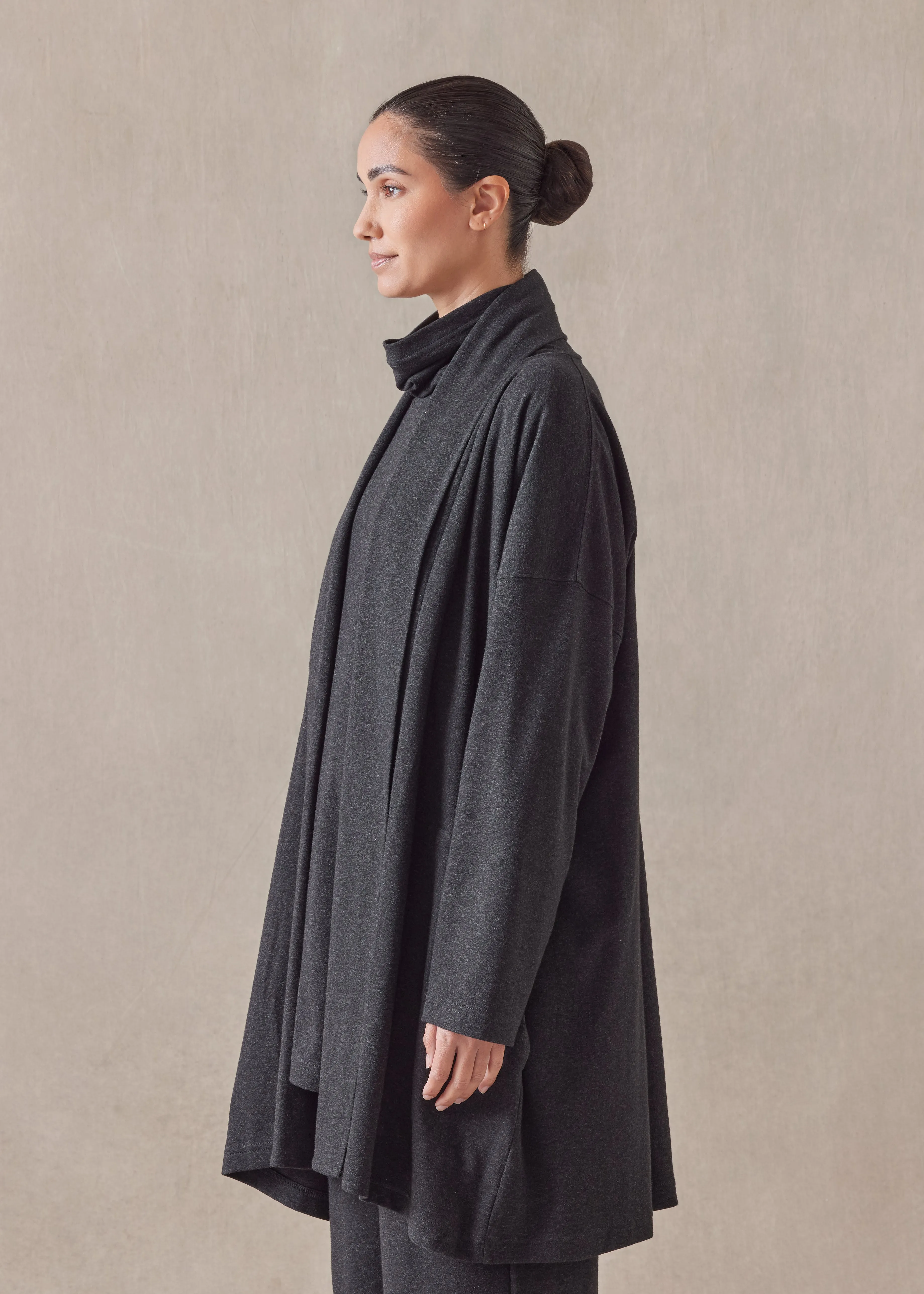 cotton jersey wide a-line shawl collar cardigan - long plus (coal) sold by eskandar product image thumbnail 3