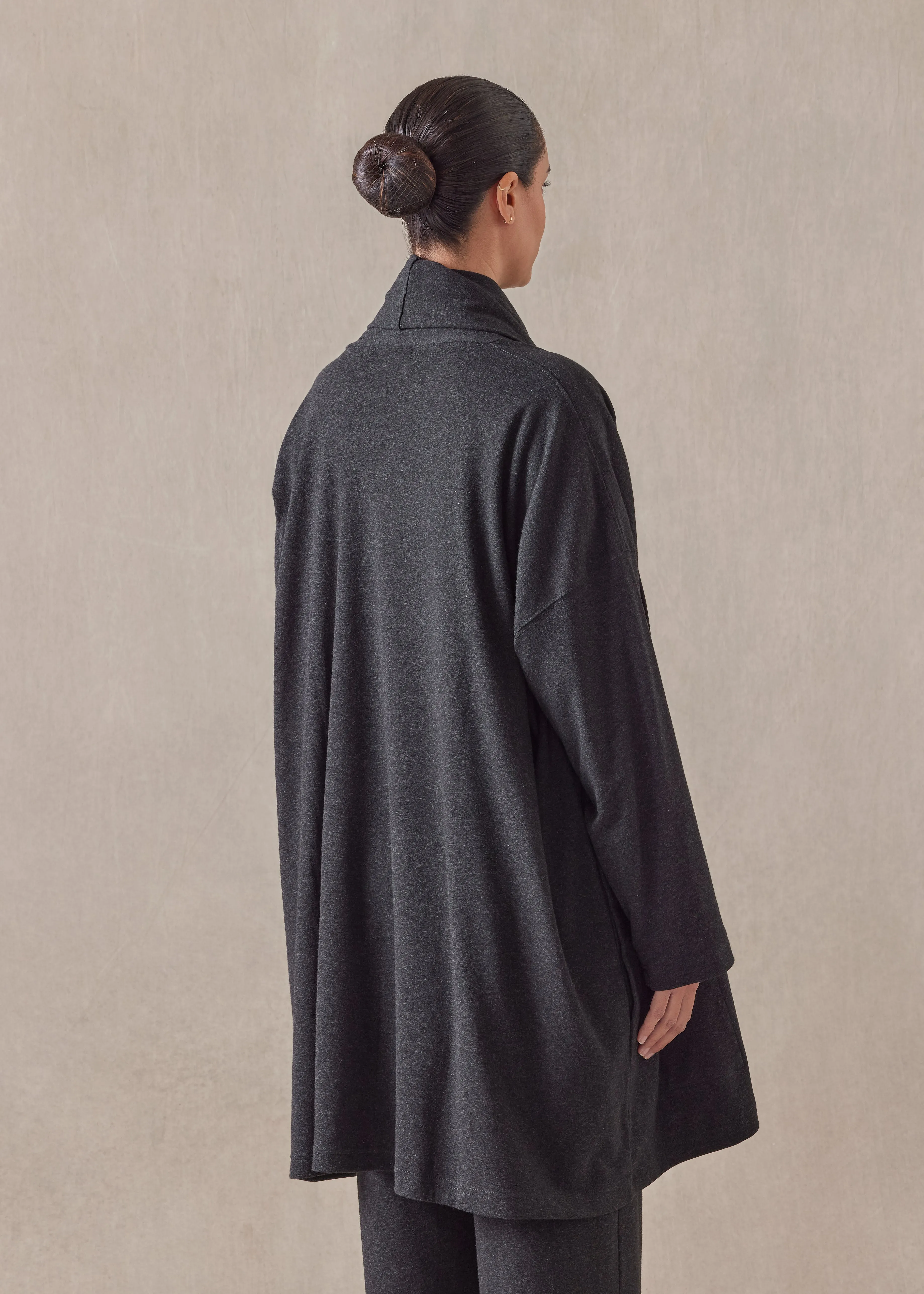 cotton jersey wide a-line shawl collar cardigan - long plus (coal) sold by eskandar product image thumbnail 4