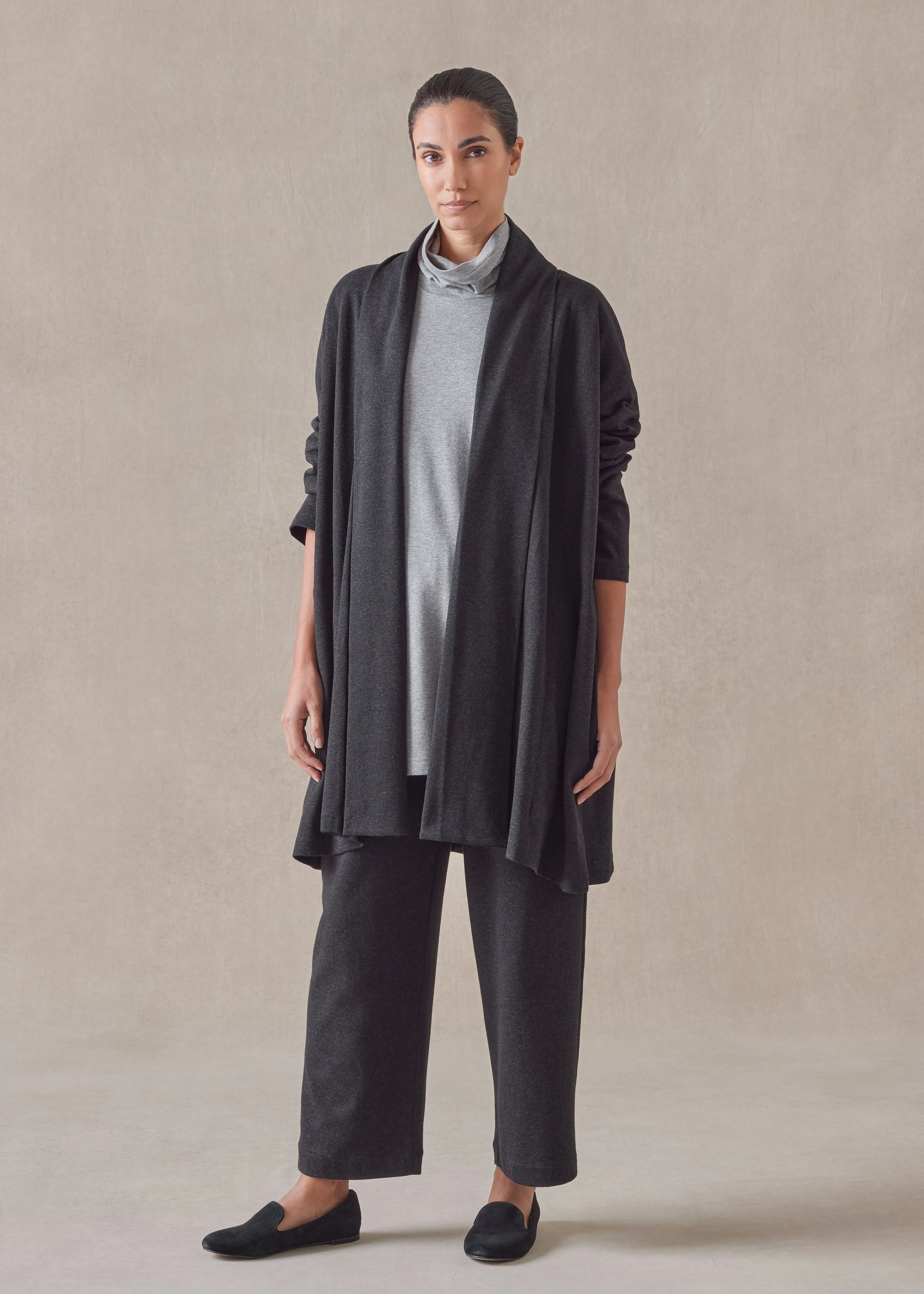 cotton jersey wide a-line shawl collar cardigan - long plus (coal) sold by eskandar product image thumbnail 5