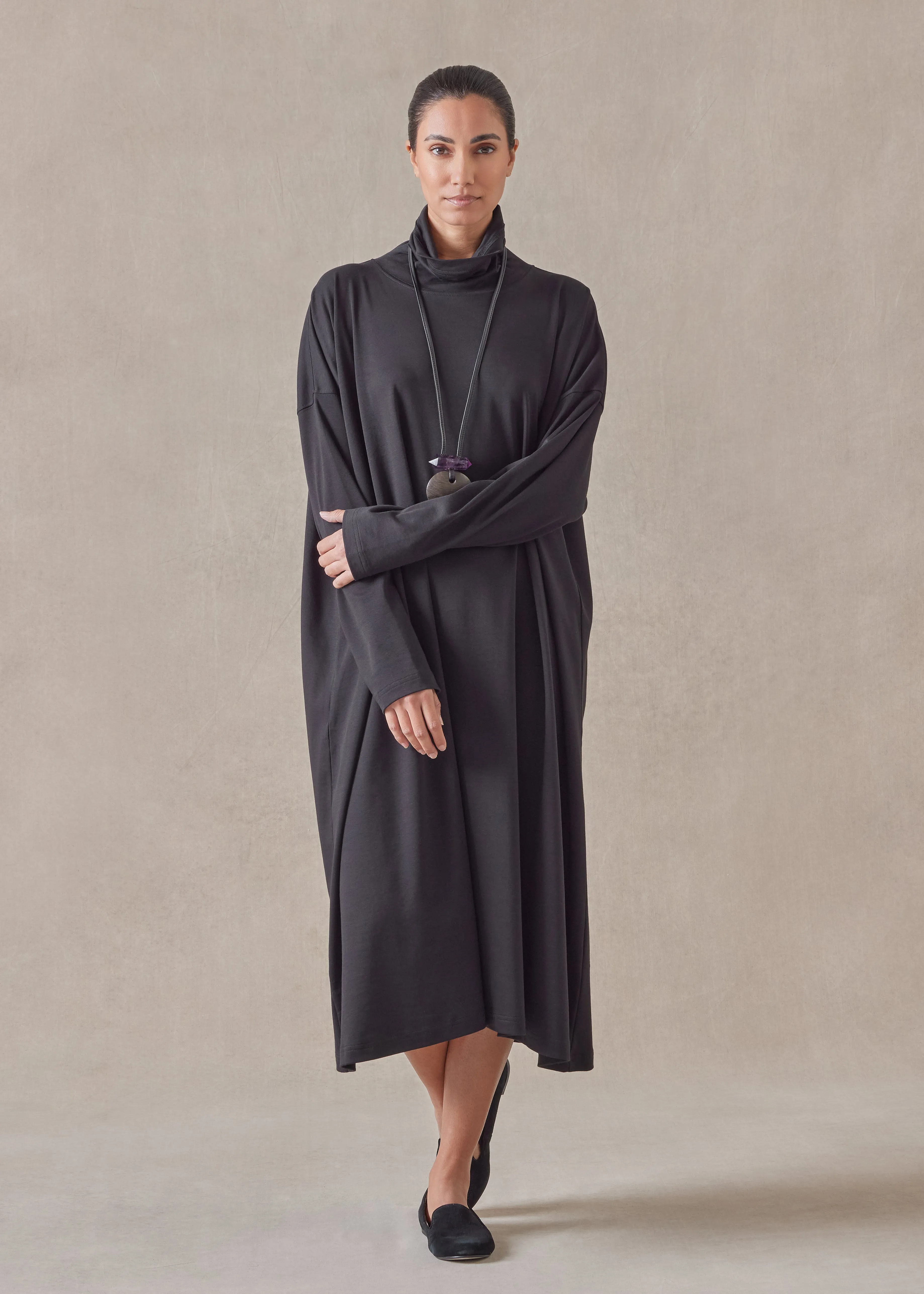 cotton jersey wide a-line scrunch neck dress sold by eskandar