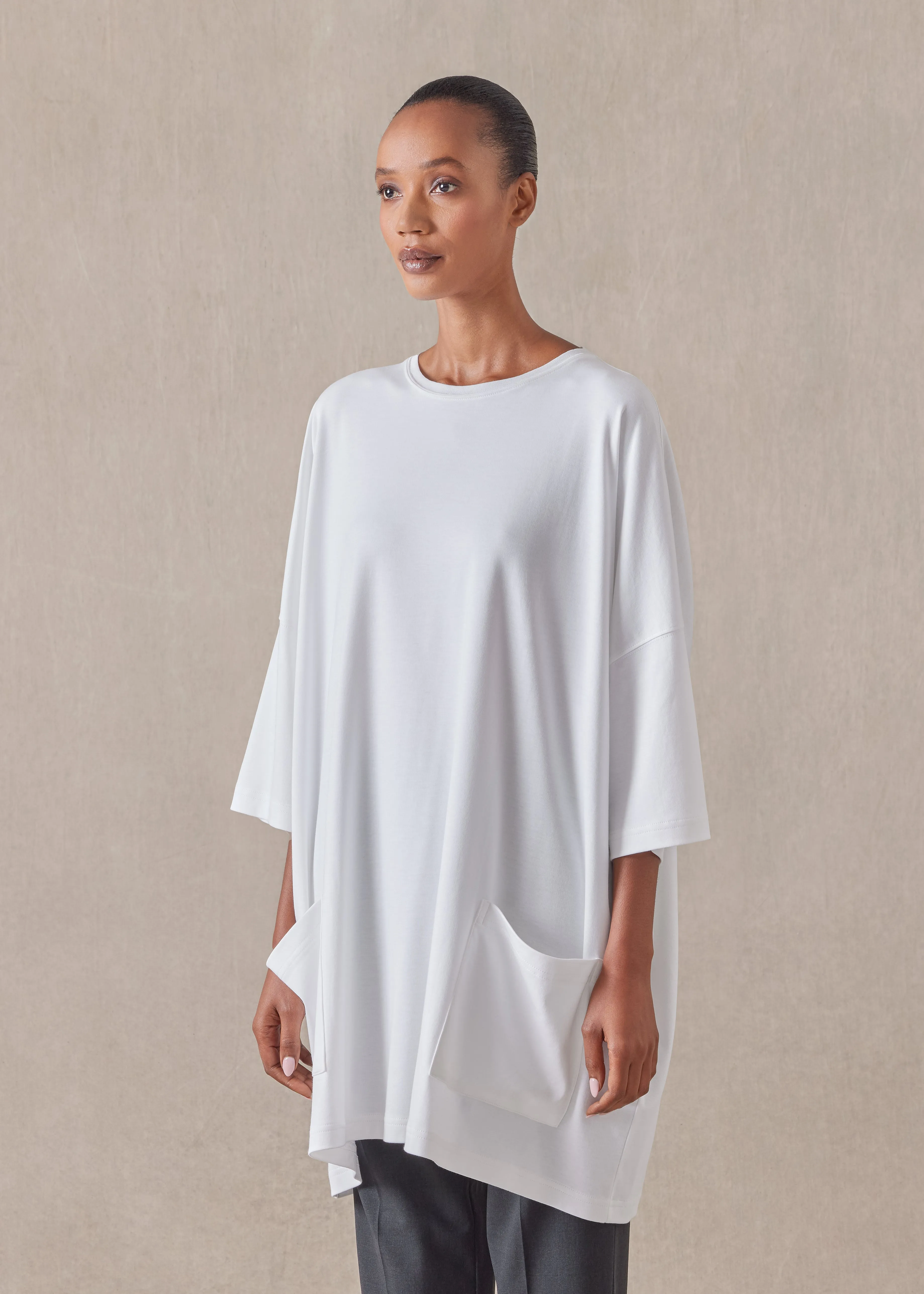 cotton jersey sloped shoulder round neck poncho - long plus (white) sold by eskandar product image thumbnail 2
