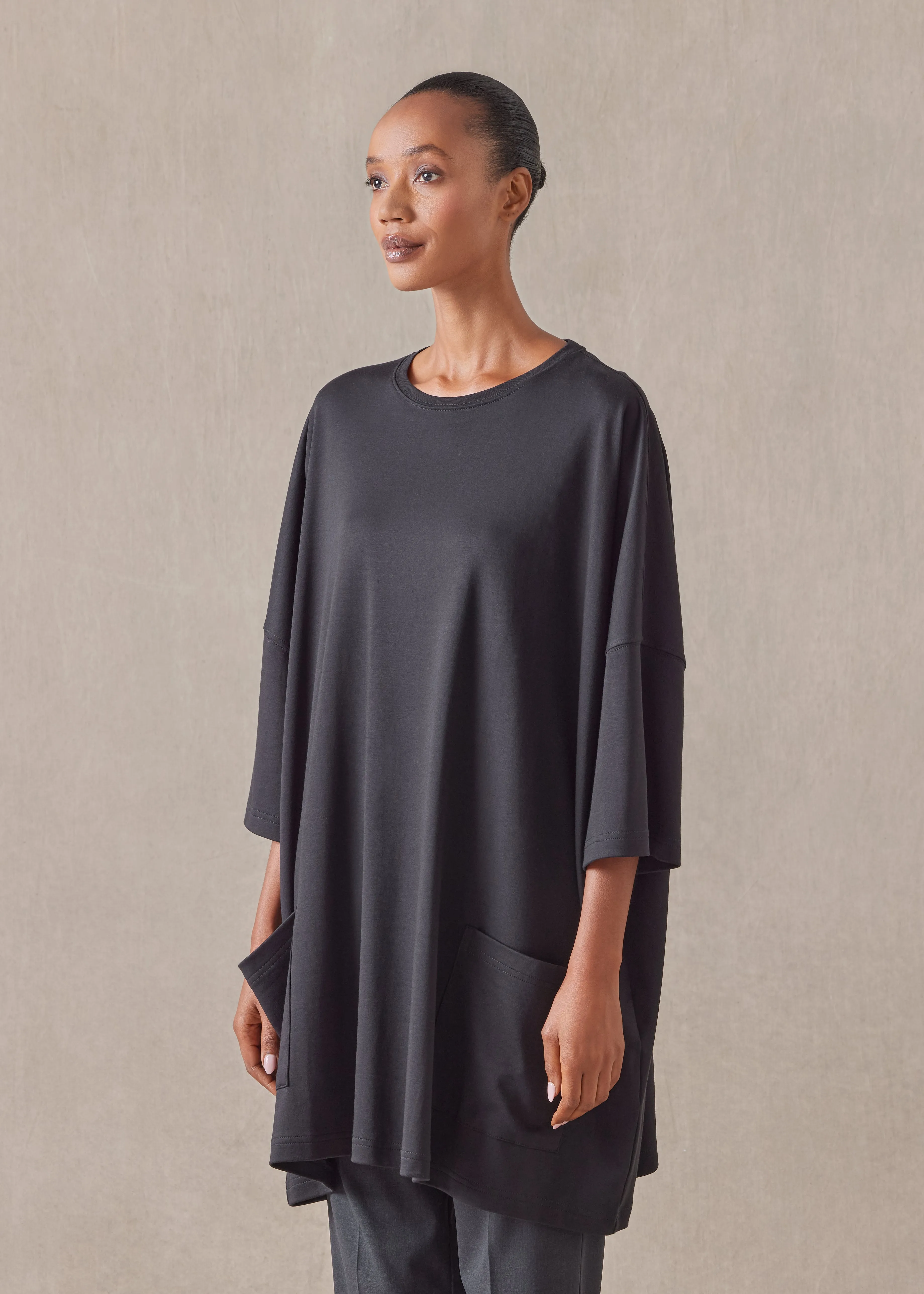cotton jersey sloped shoulder round neck poncho - long plus (black) sold by eskandar