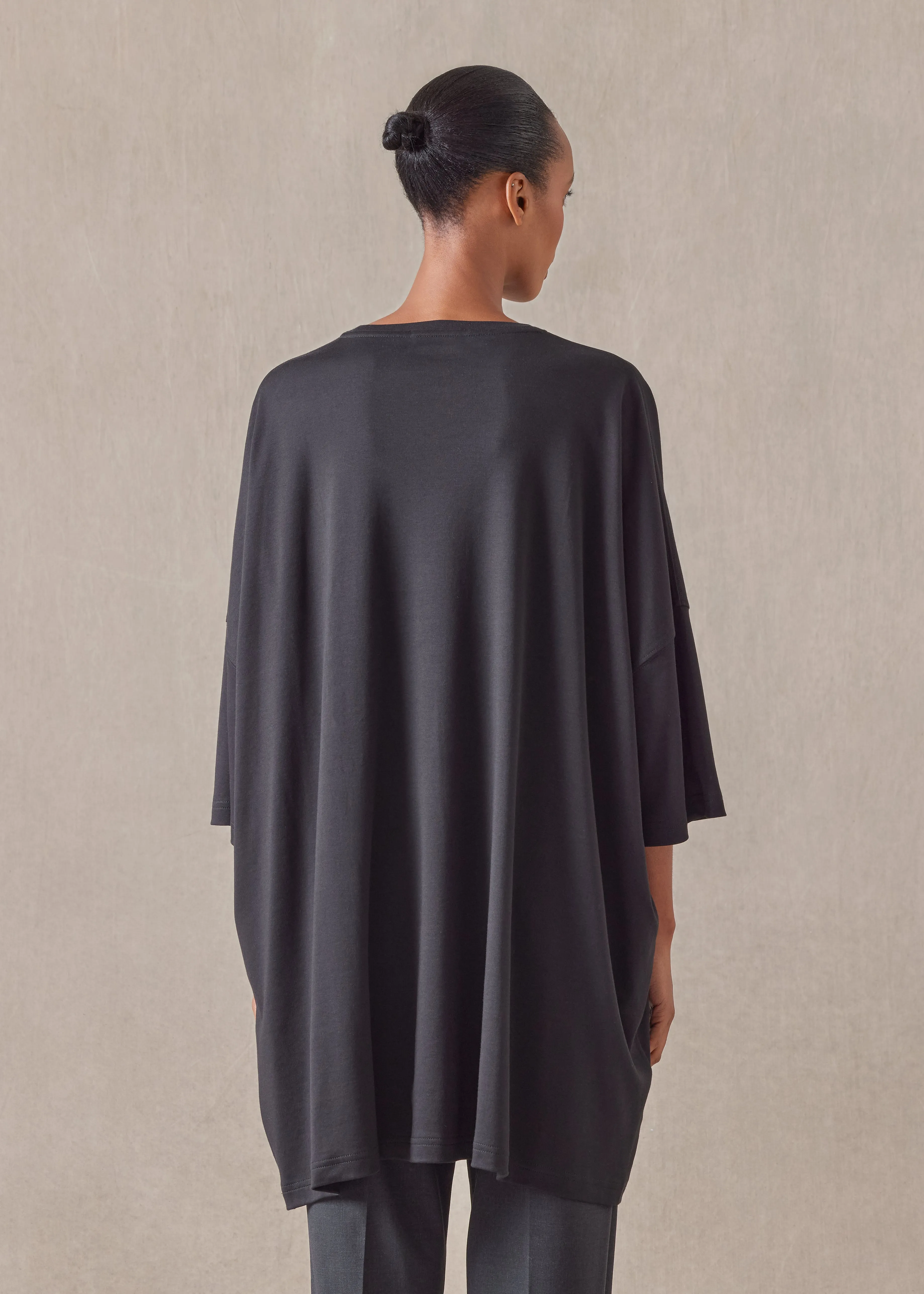 cotton jersey sloped shoulder round neck poncho - long plus (black) sold by eskandar product image thumbnail 3