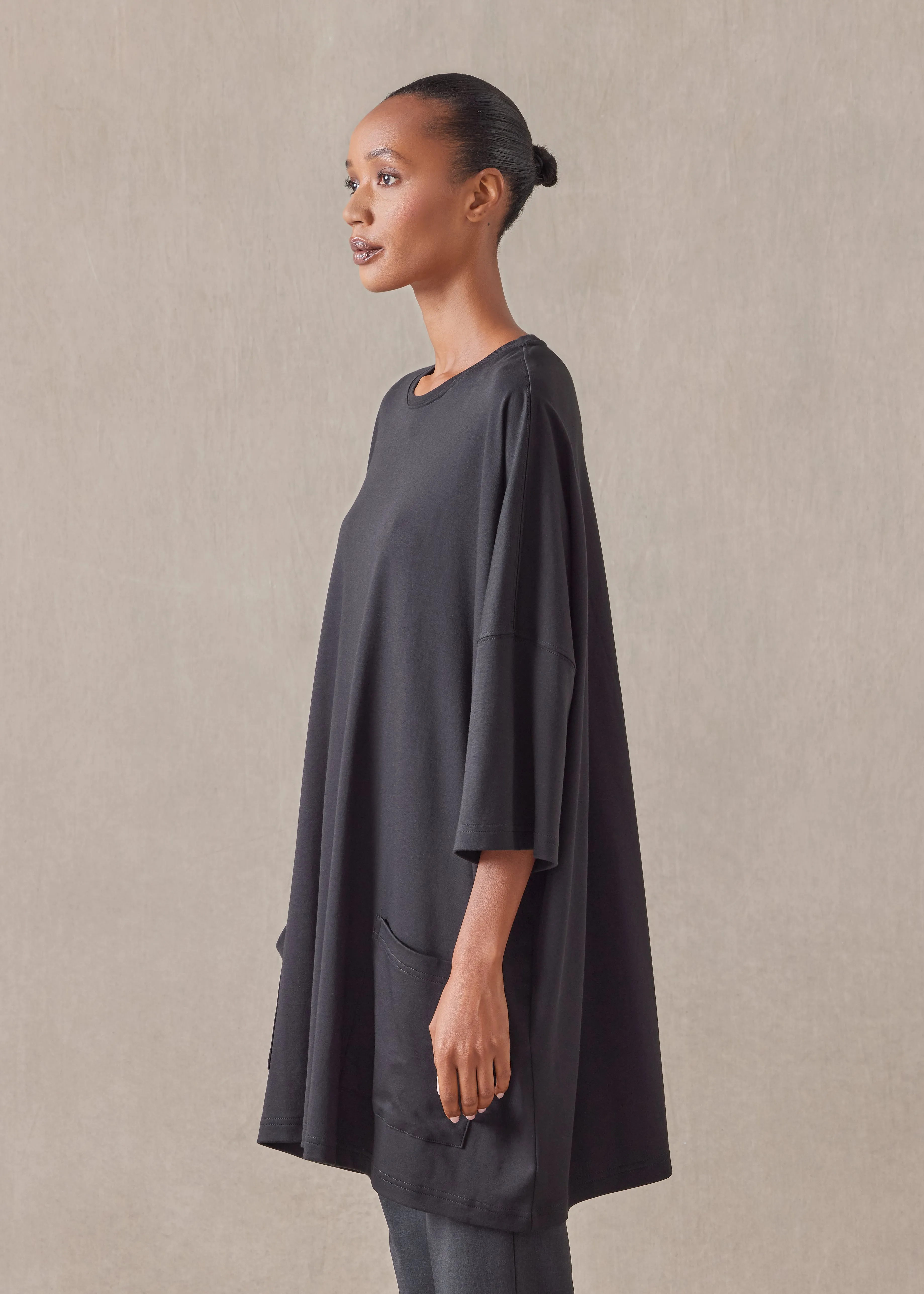 cotton jersey sloped shoulder round neck poncho - long plus (black) sold by eskandar product image thumbnail 2