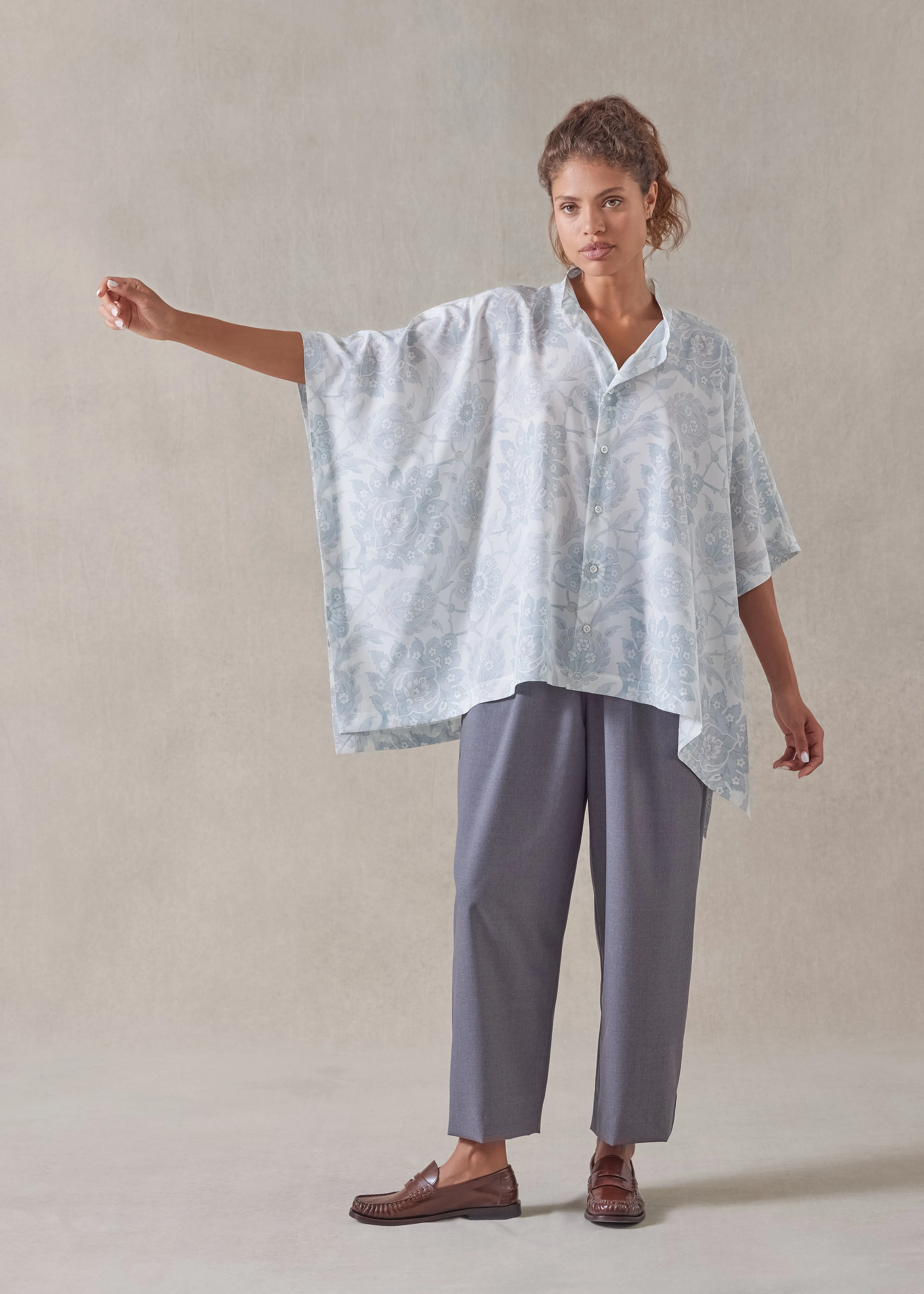 silk collarless longer back kaftan shirt - mid plus sold by eskandar product image thumbnail 5