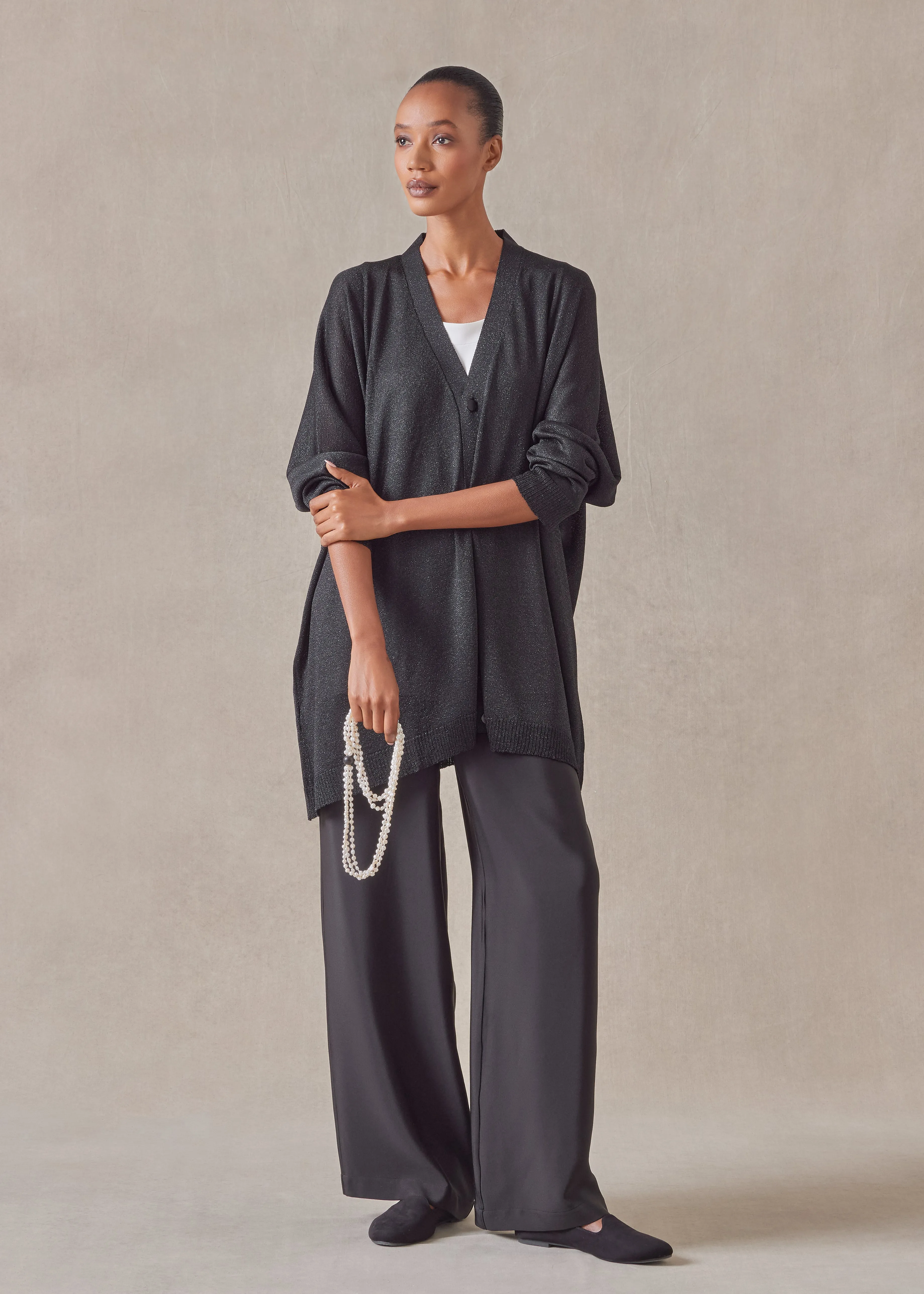 metallicised mix wide v neck knitted cardigan - long (black) sold by eskandar