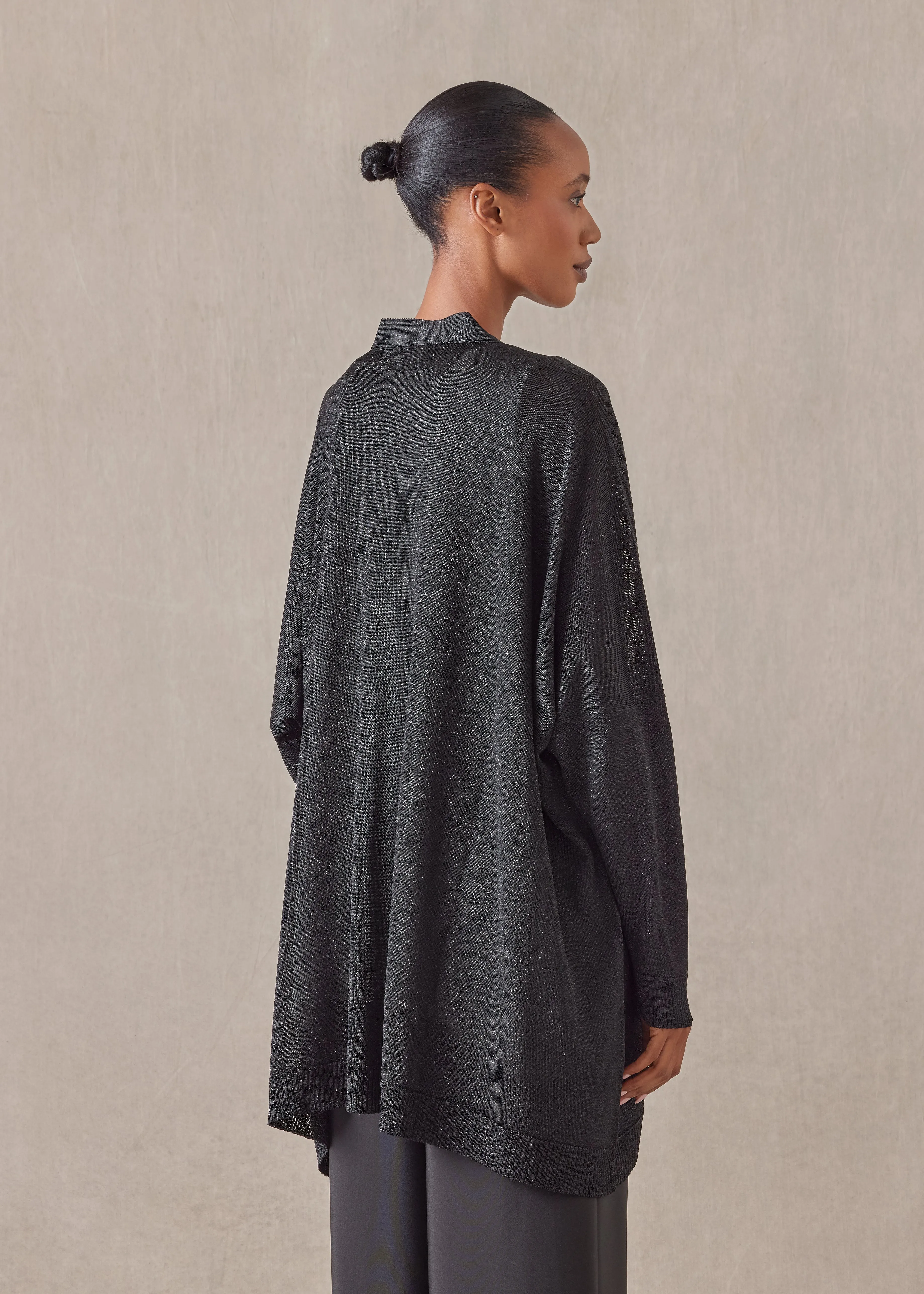 metallicised mix wide v neck knitted cardigan - long (black) sold by eskandar product image thumbnail 4