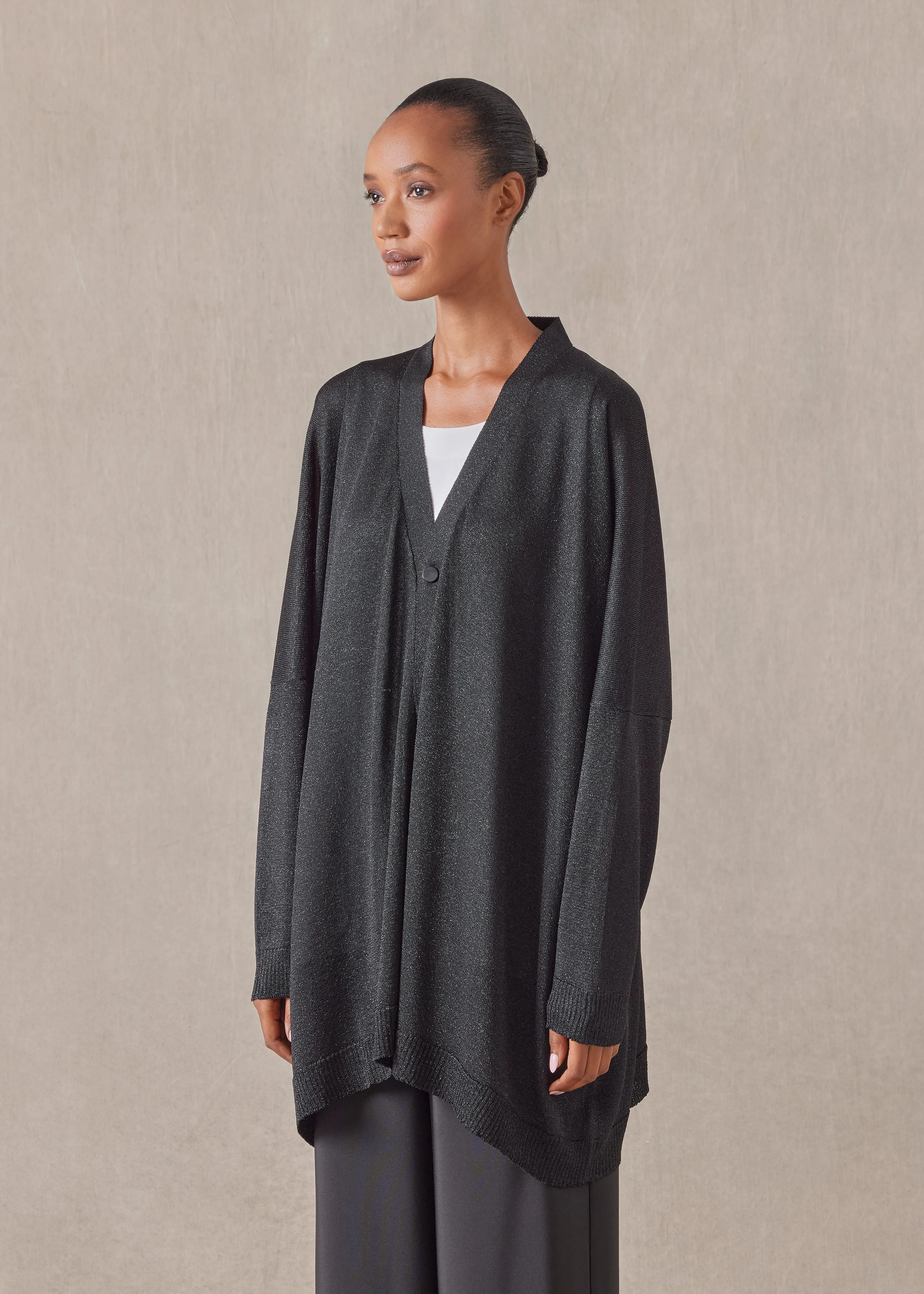 metallicised mix wide v neck knitted cardigan - long (black) sold by eskandar product image thumbnail 2