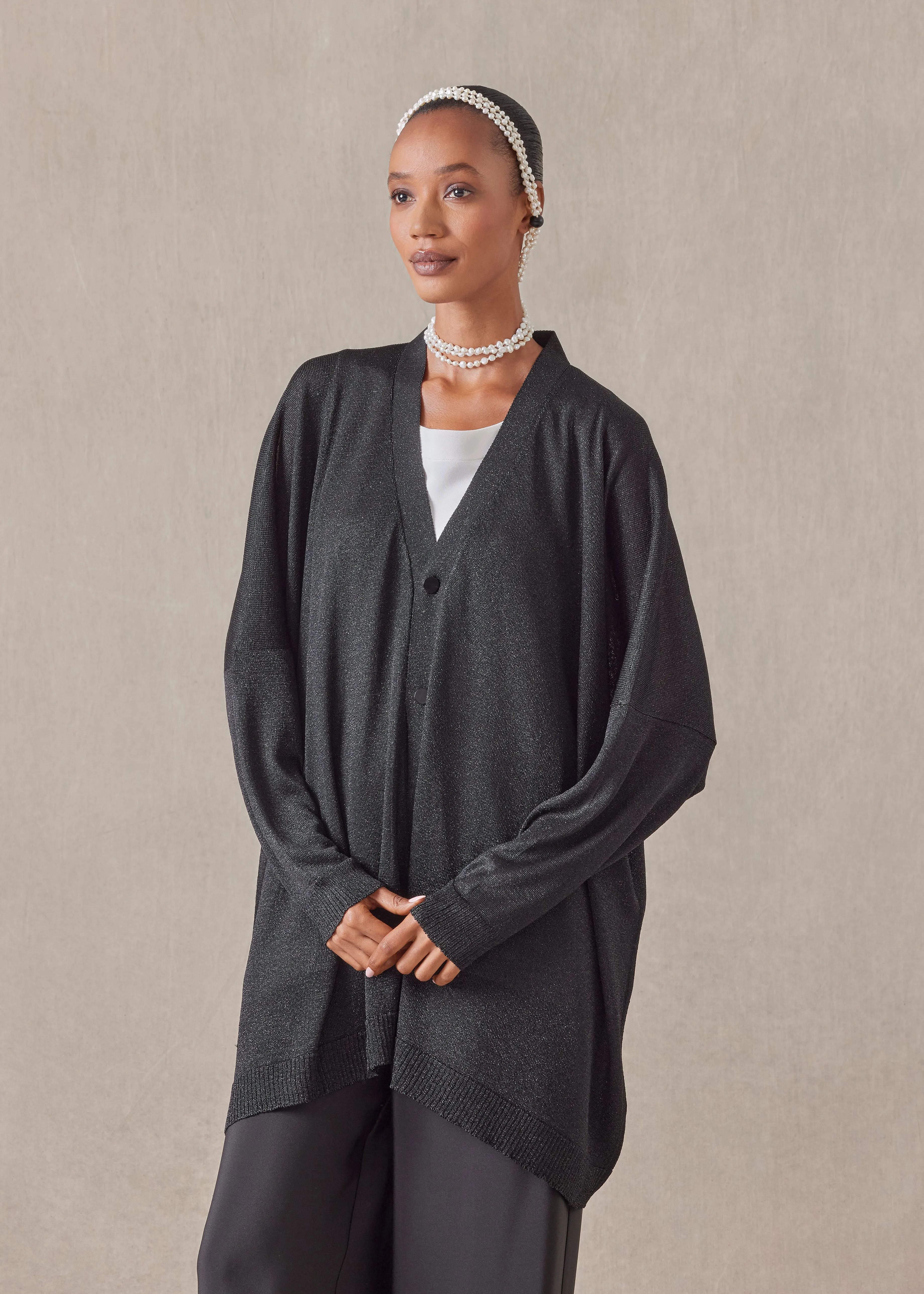 metallicised mix wide v neck knitted cardigan - long (black) sold by eskandar product image thumbnail 3