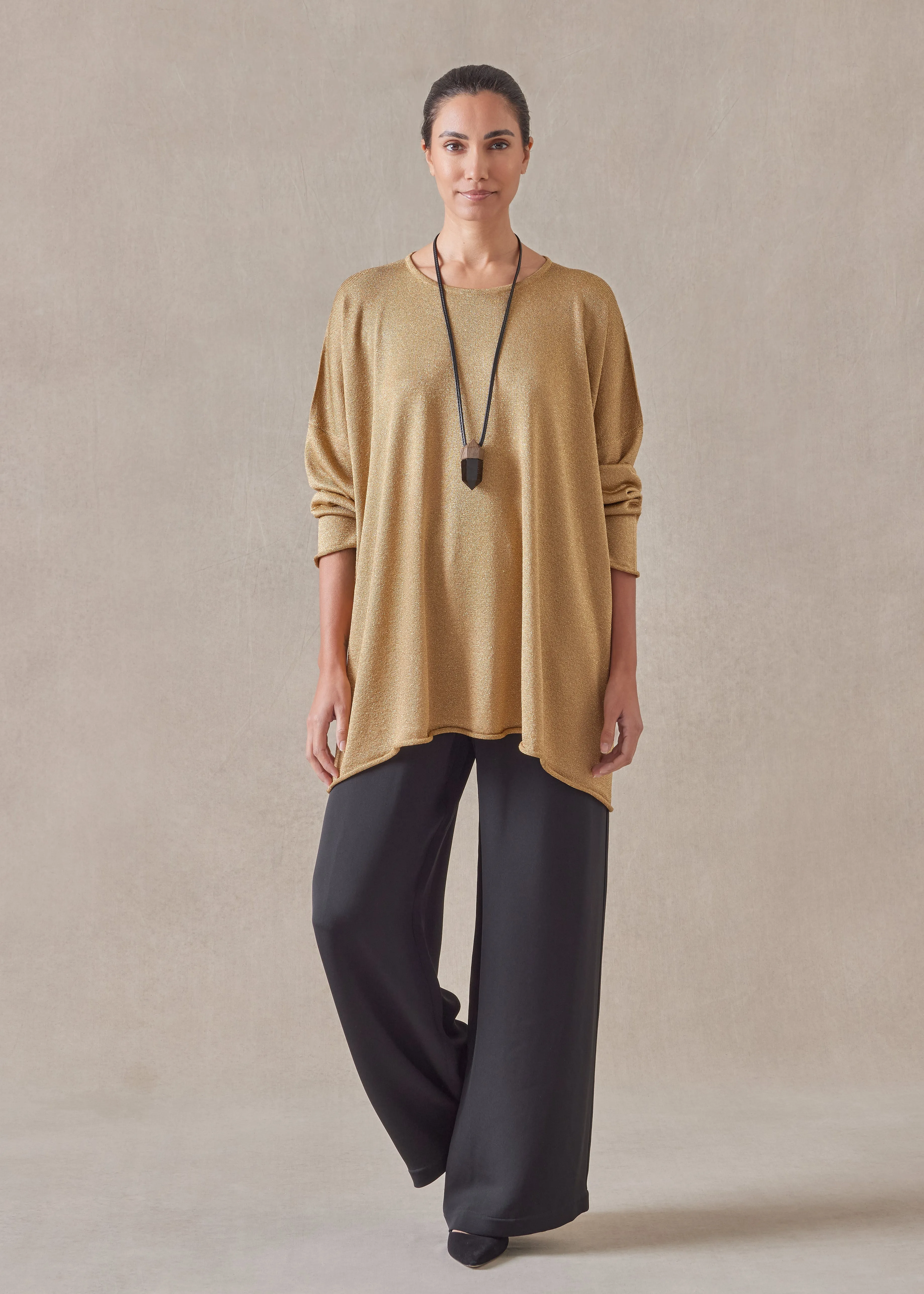 metallicised mix a-line bateau neck knitted sweater - long sold by eskandar