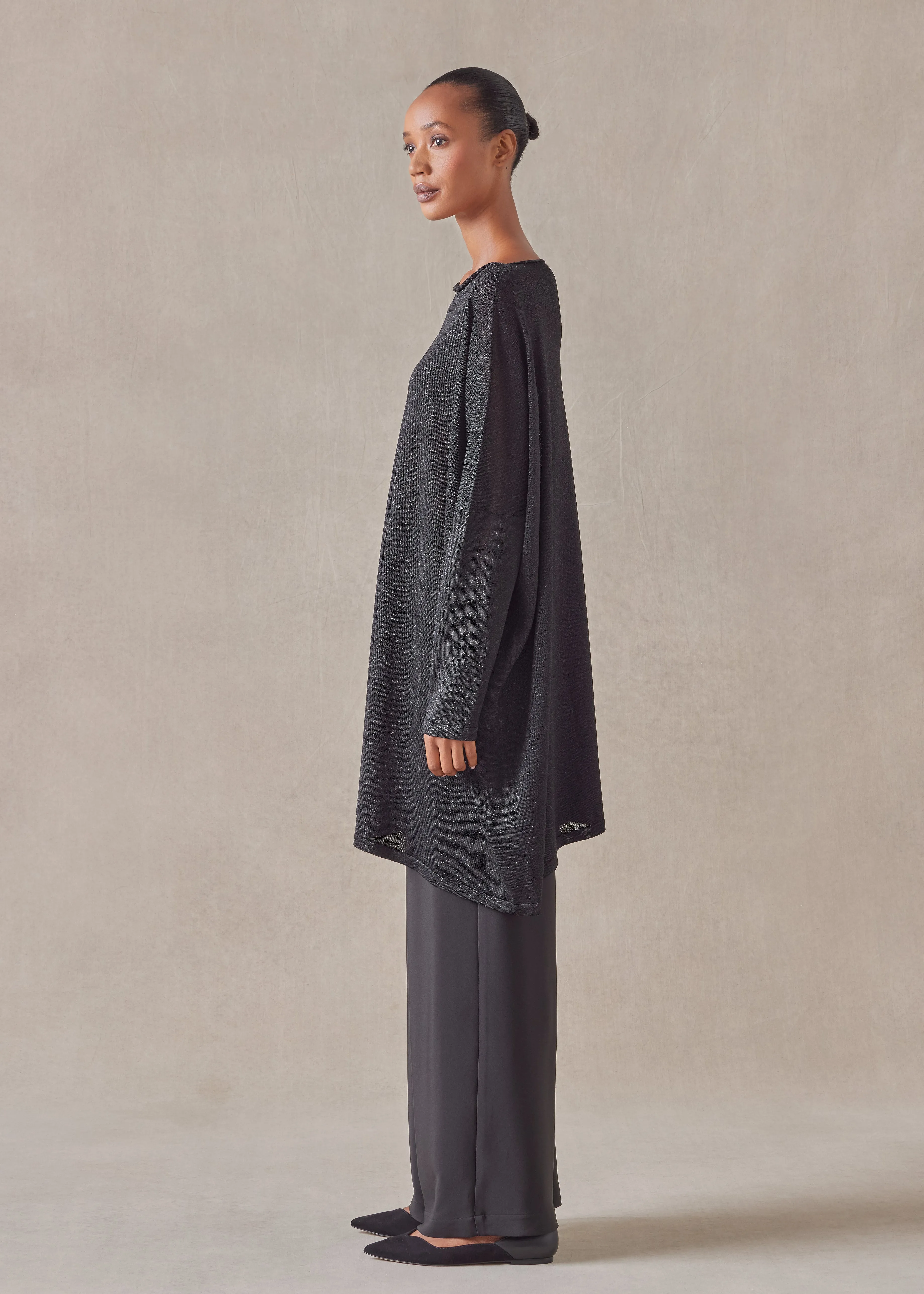 metallicised mix slim sleeve slash neck kaftan knitted sweater - long plus (black) sold by eskandar product image thumbnail 3