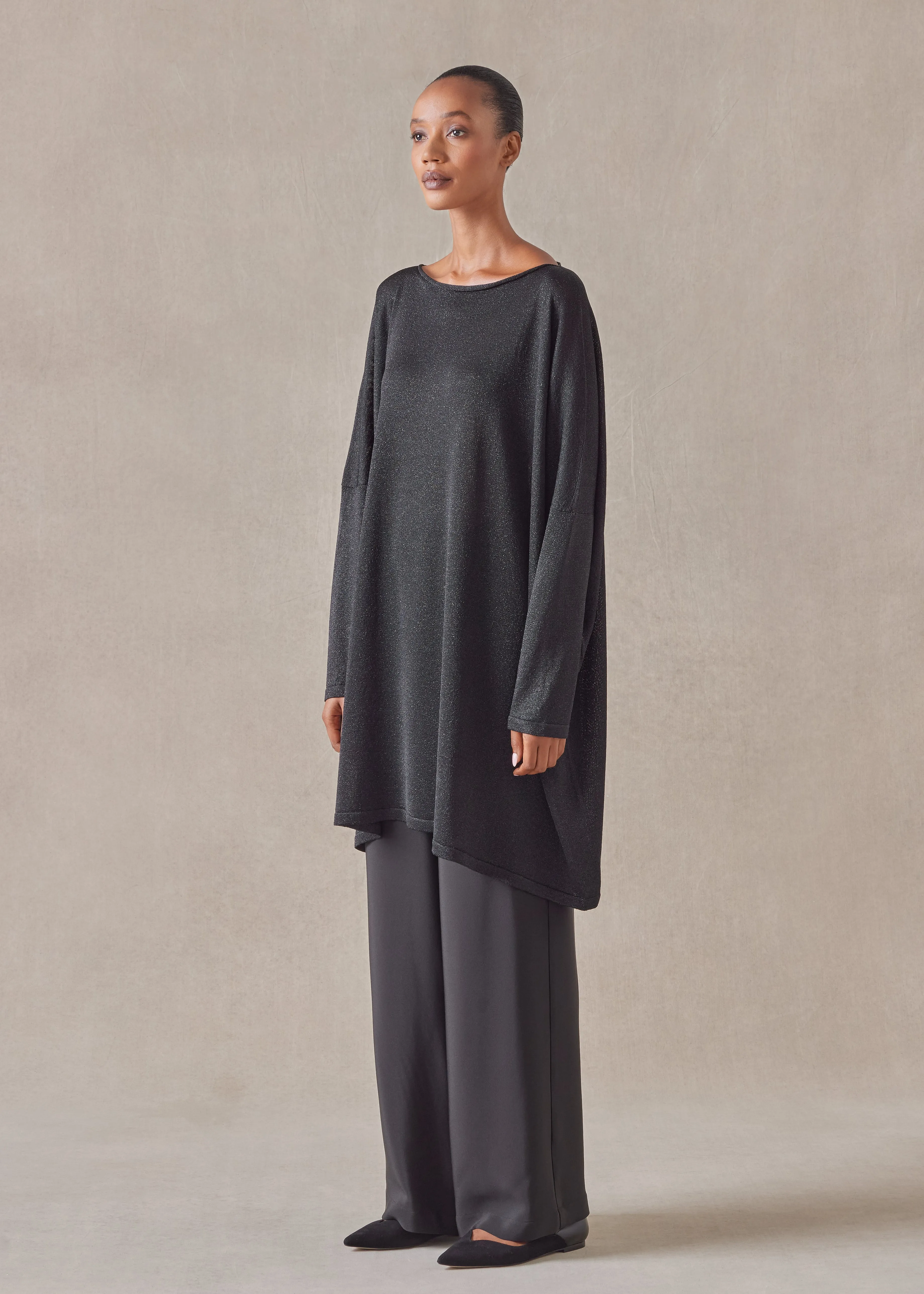 metallicised mix slim sleeve slash neck kaftan knitted sweater - long plus (black) sold by eskandar product image thumbnail 2