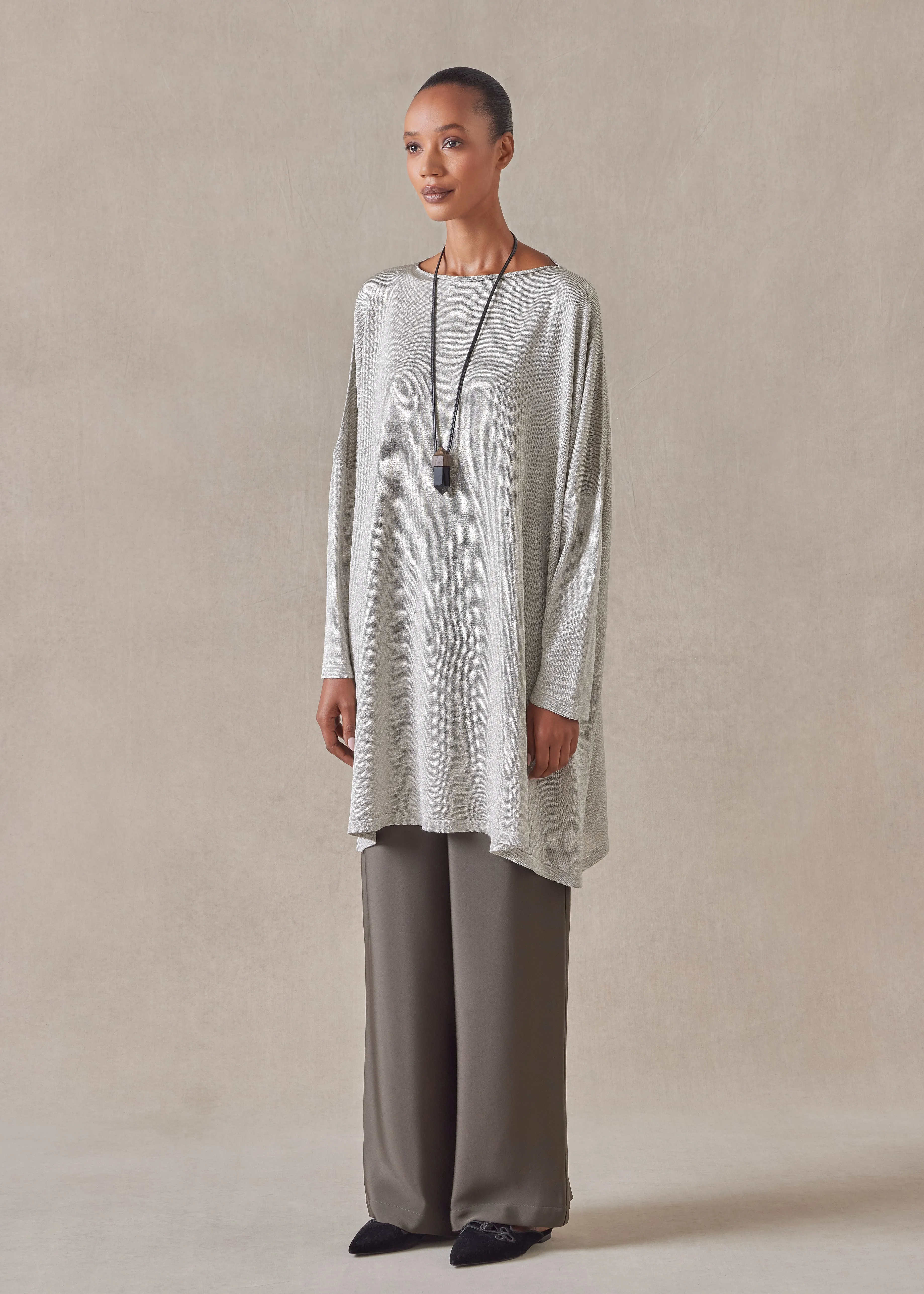 metallicised mix slim sleeve slash neck kaftan knitted sweater - long plus sold by eskandar product image thumbnail 2