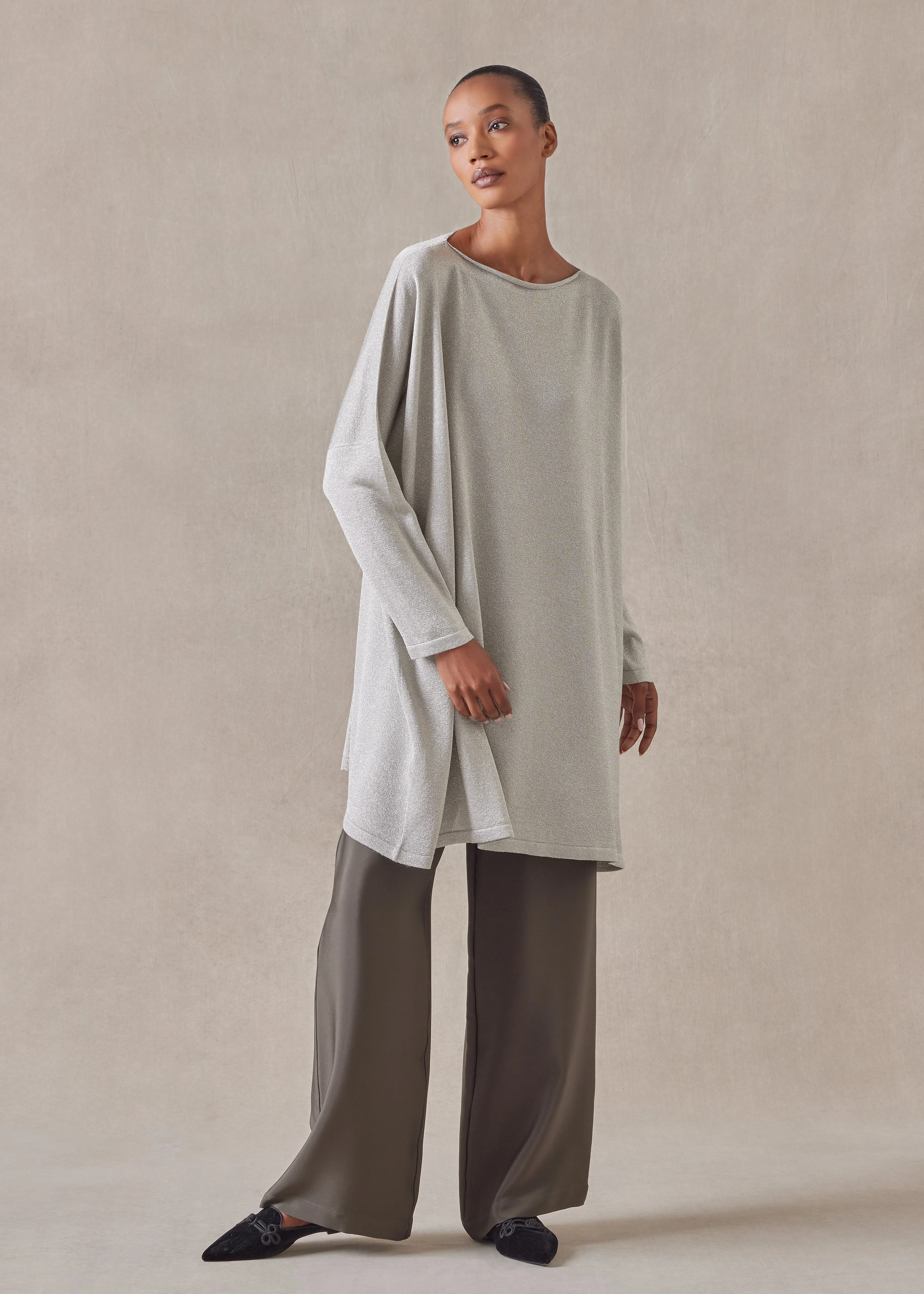 metallicised mix slim sleeve slash neck kaftan knitted sweater - long plus sold by eskandar