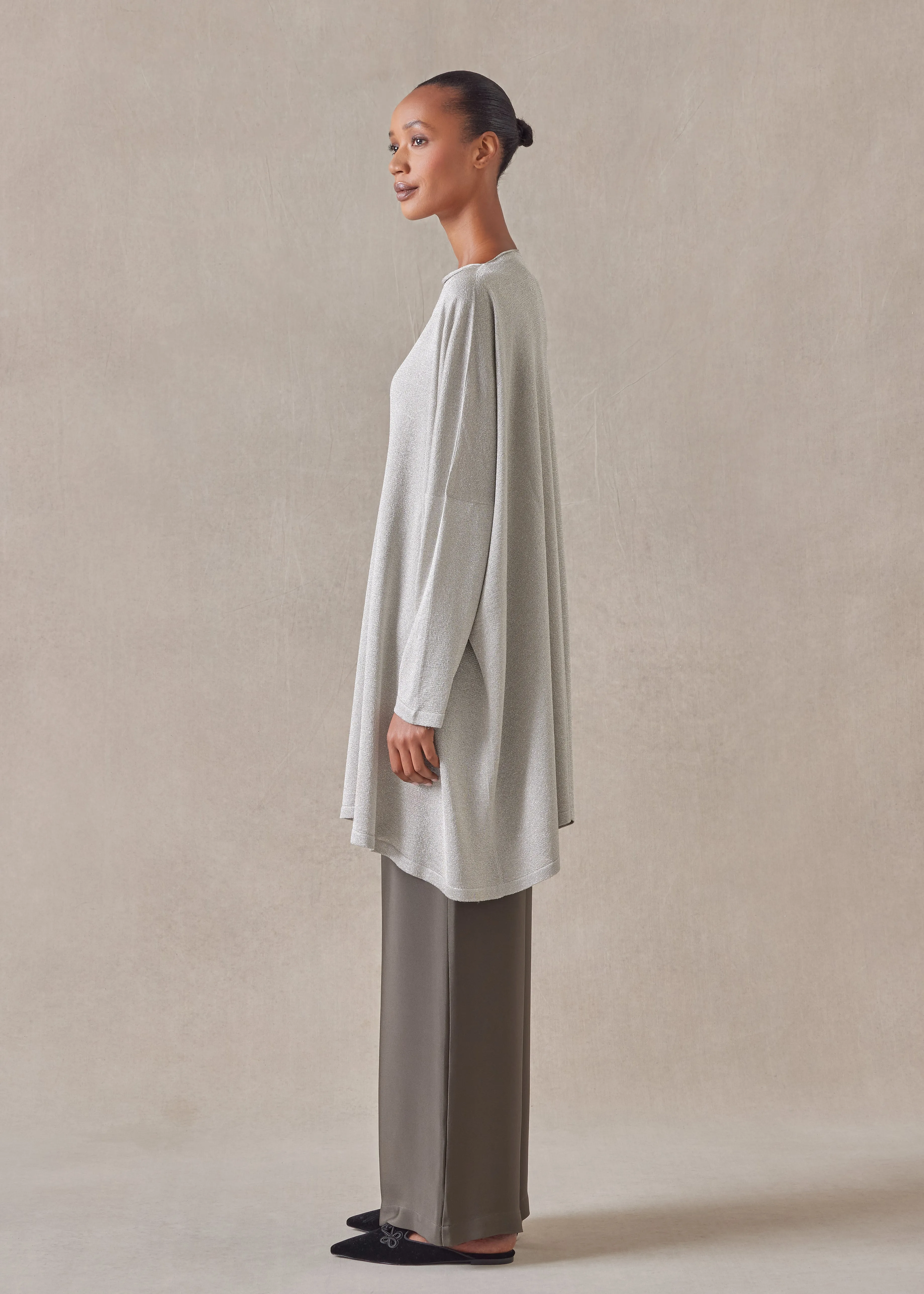 metallicised mix slim sleeve slash neck kaftan knitted sweater - long plus sold by eskandar product image thumbnail 3