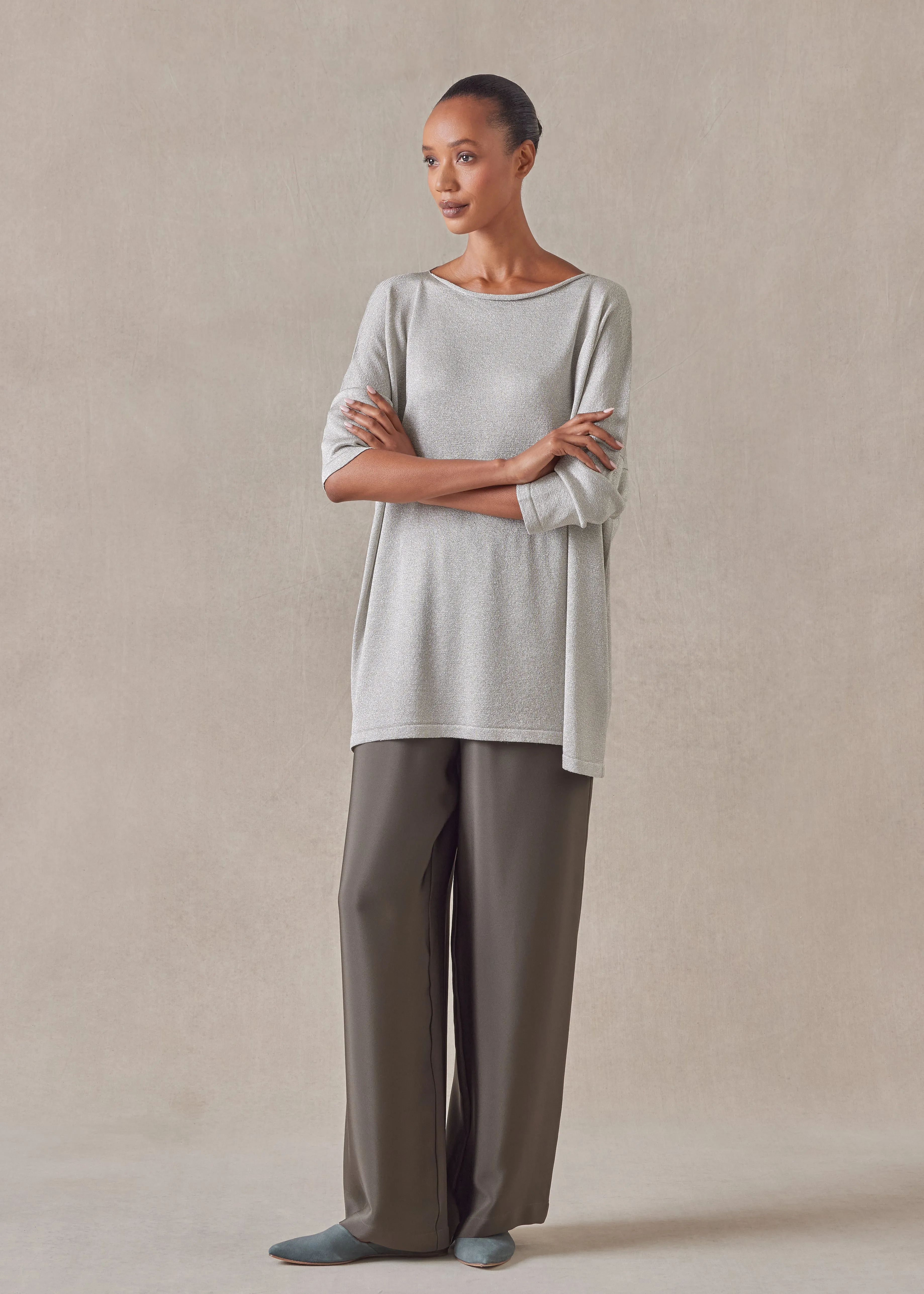 metallicised mix slim sleeve slash neck knitted sweater - mid plus sold by eskandar