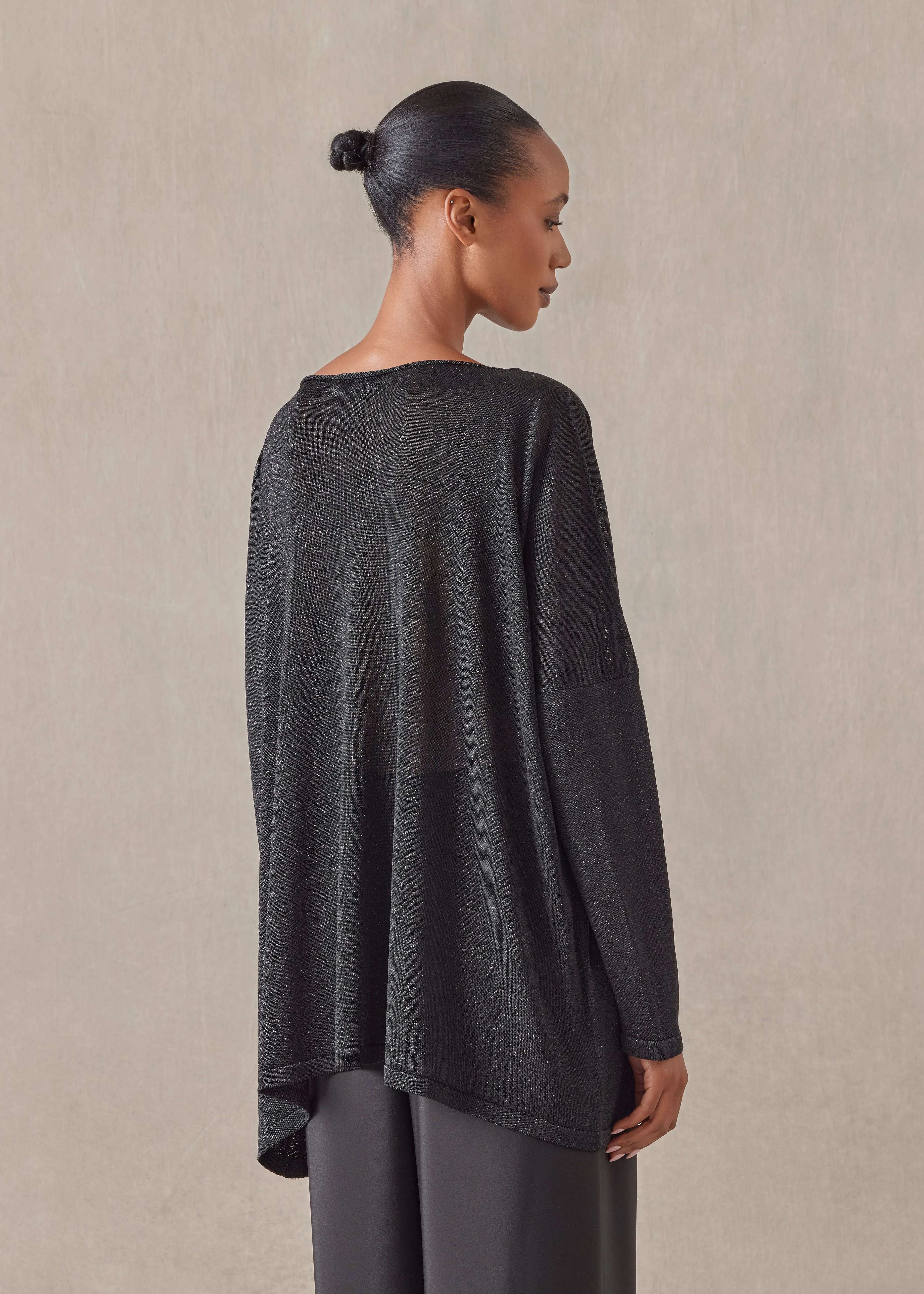 metallicised mix slim sleeve slash neck knitted sweater - mid plus (black) sold by eskandar product image thumbnail 4