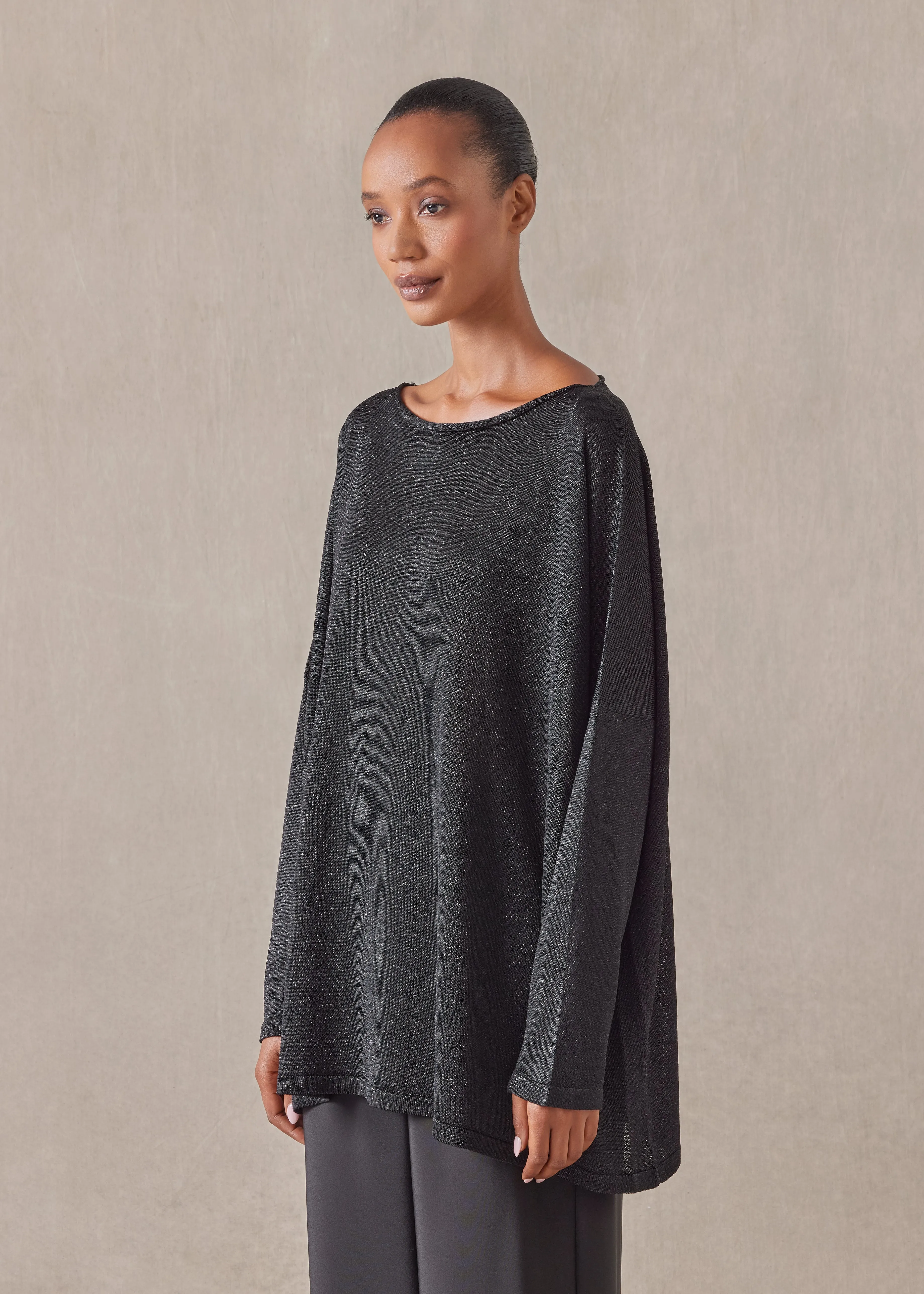 metallicised mix slim sleeve slash neck knitted sweater - mid plus (black) sold by eskandar product image thumbnail 2