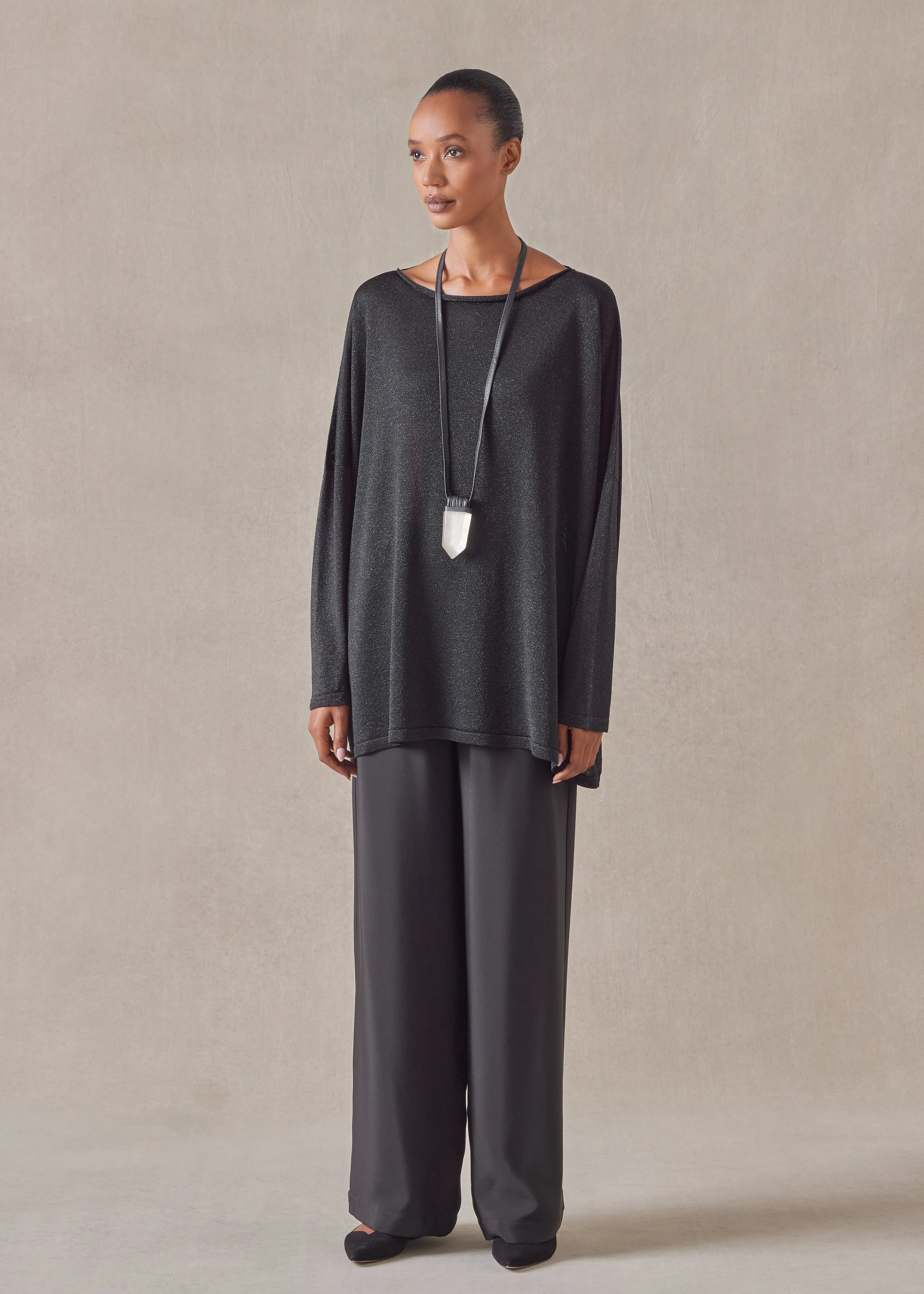 metallicised mix slim sleeve slash neck knitted sweater - mid plus (black) sold by eskandar