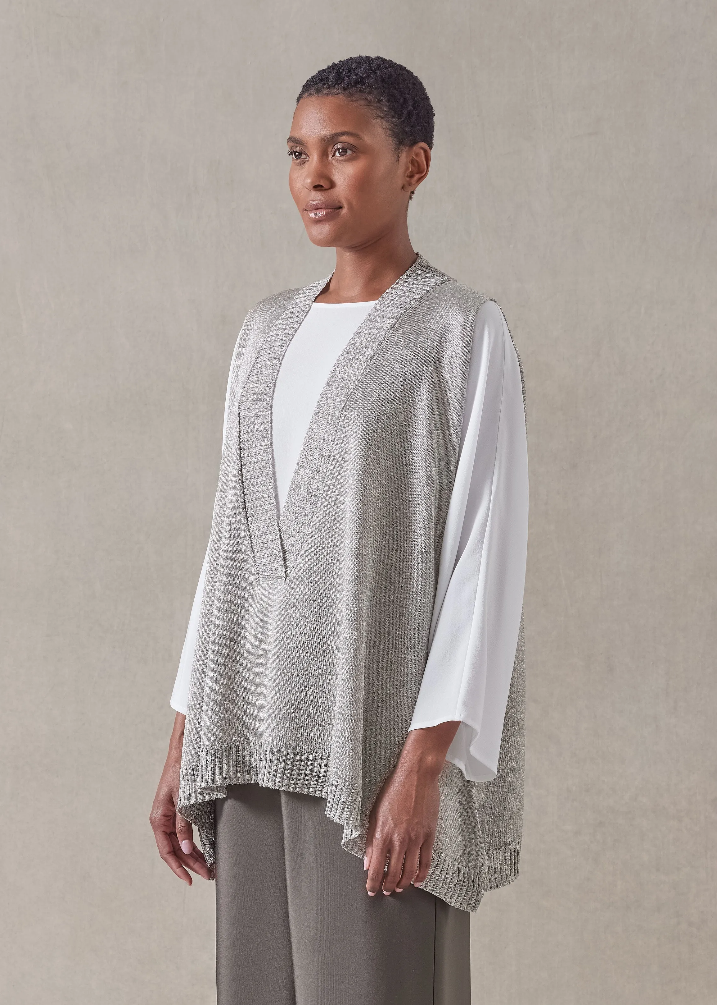 metallicised mix a-line sleeveless deep v-neck knitted sweater - mid plus (champagne) sold by eskandar product image thumbnail 2