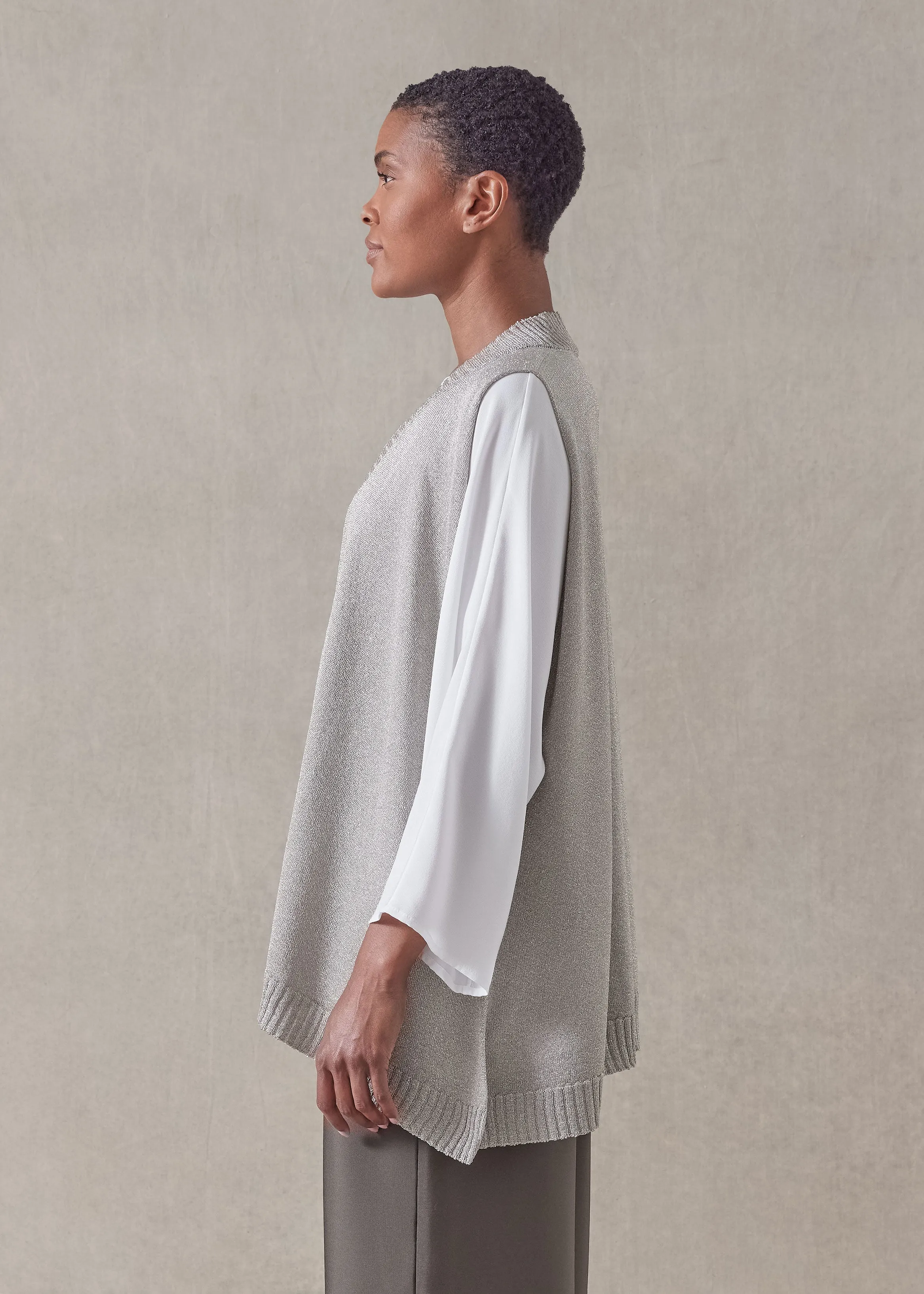 metallicised mix a-line sleeveless deep v-neck knitted sweater - mid plus (champagne) sold by eskandar product image thumbnail 3