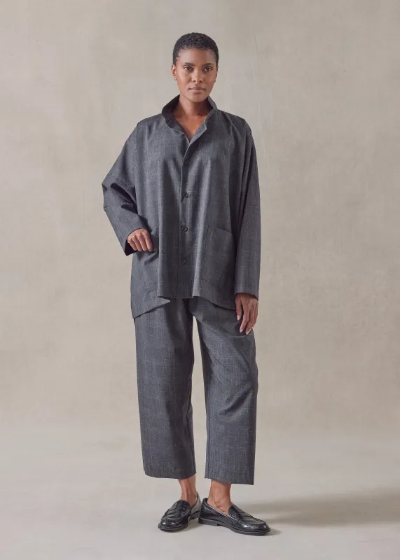 wool linen wide longer back double stand collar shirt jacket - mid plus sold by eskandar