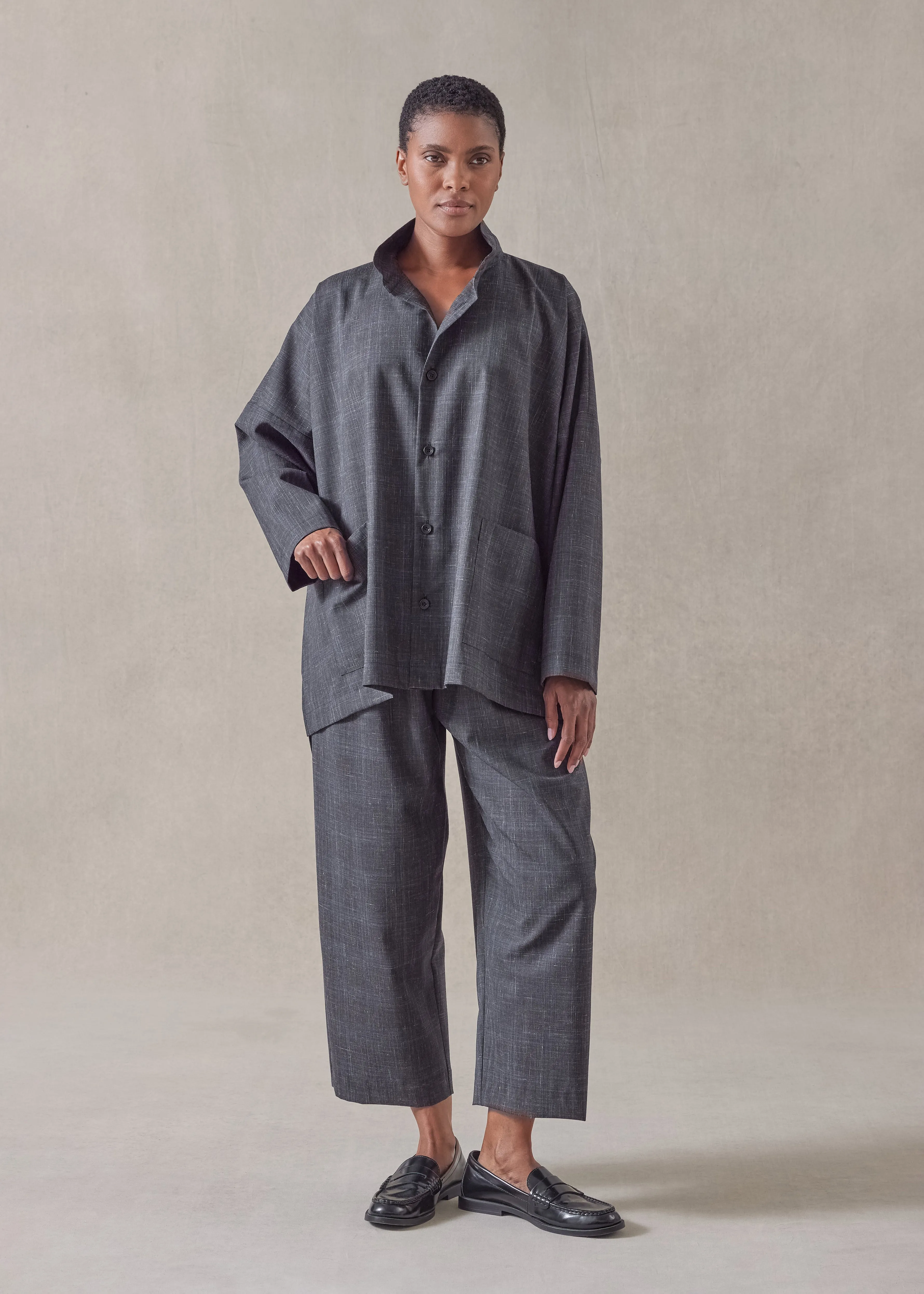 wool linen wide longer back double stand collar shirt jacket - mid plus sold by eskandar