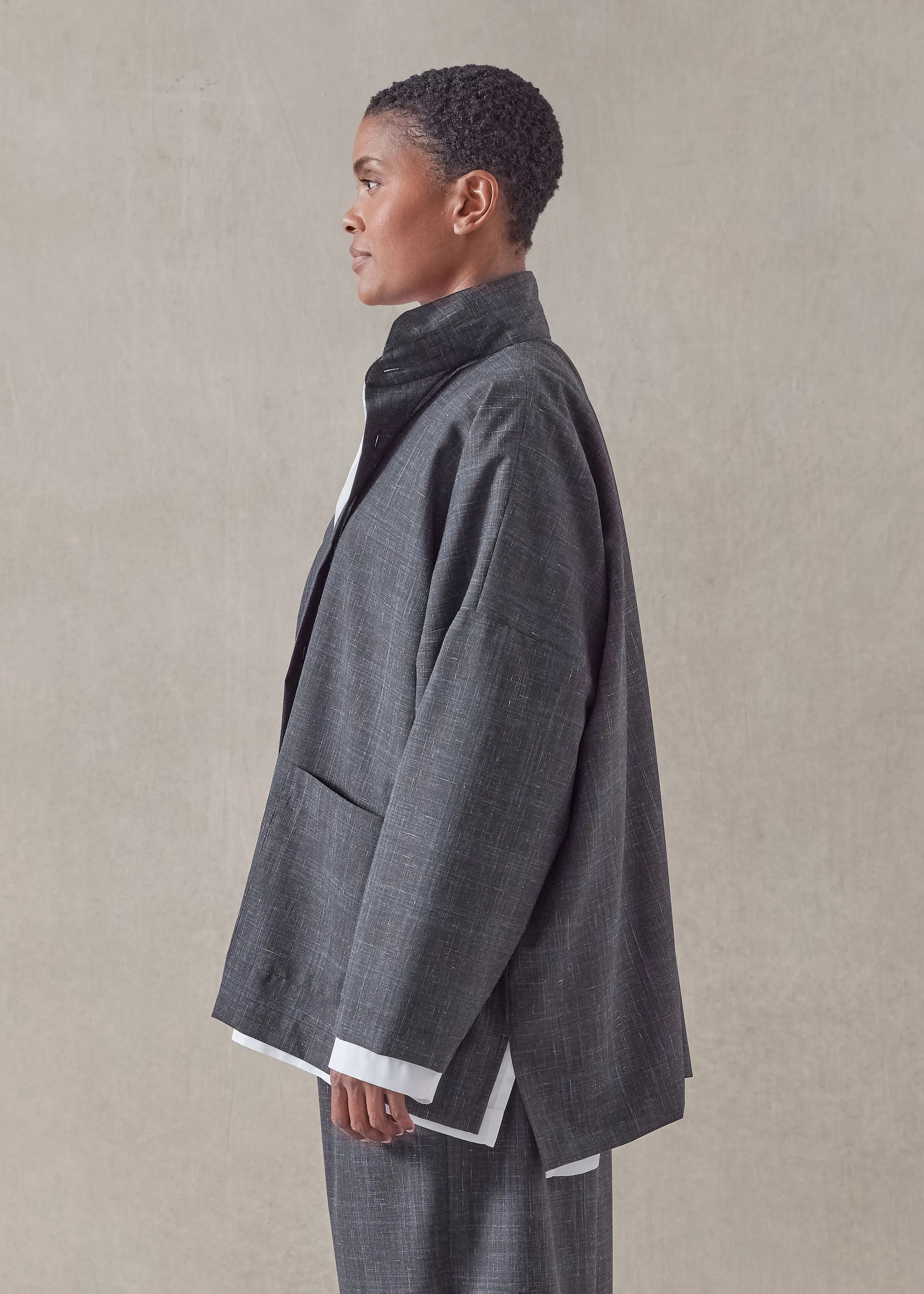 wool linen wide longer back double stand collar shirt jacket - mid plus sold by eskandar product image thumbnail 3