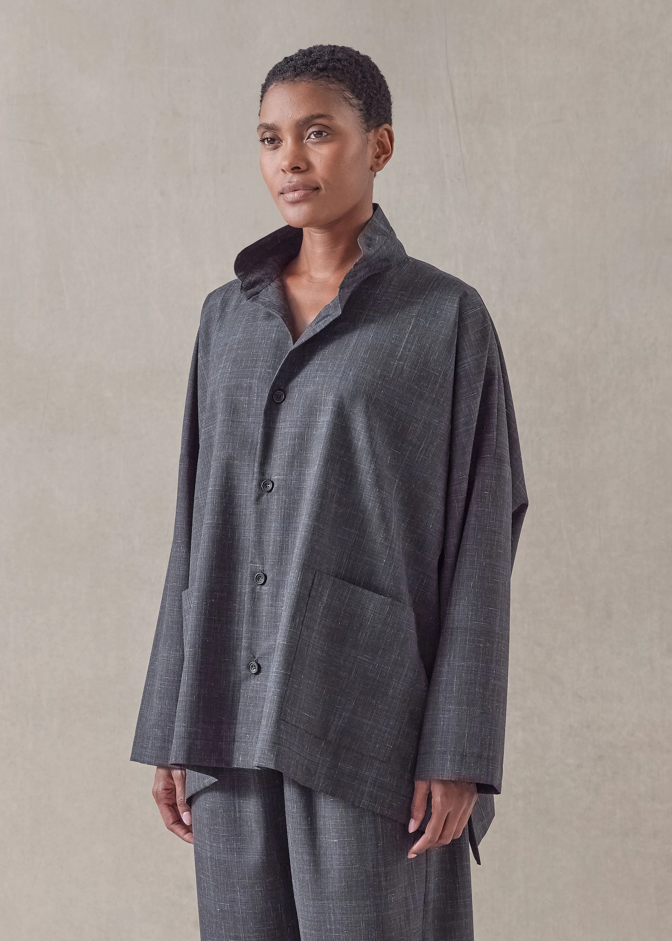 wool linen wide longer back double stand collar shirt jacket - mid plus sold by eskandar product image thumbnail 4